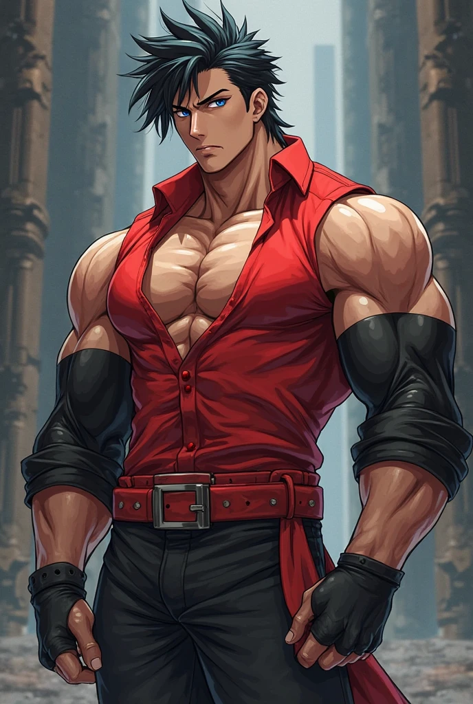a male character, shape em V, black tank top, black pants with a black belt, red bandages on hands, red eyes and black hair, white skin color