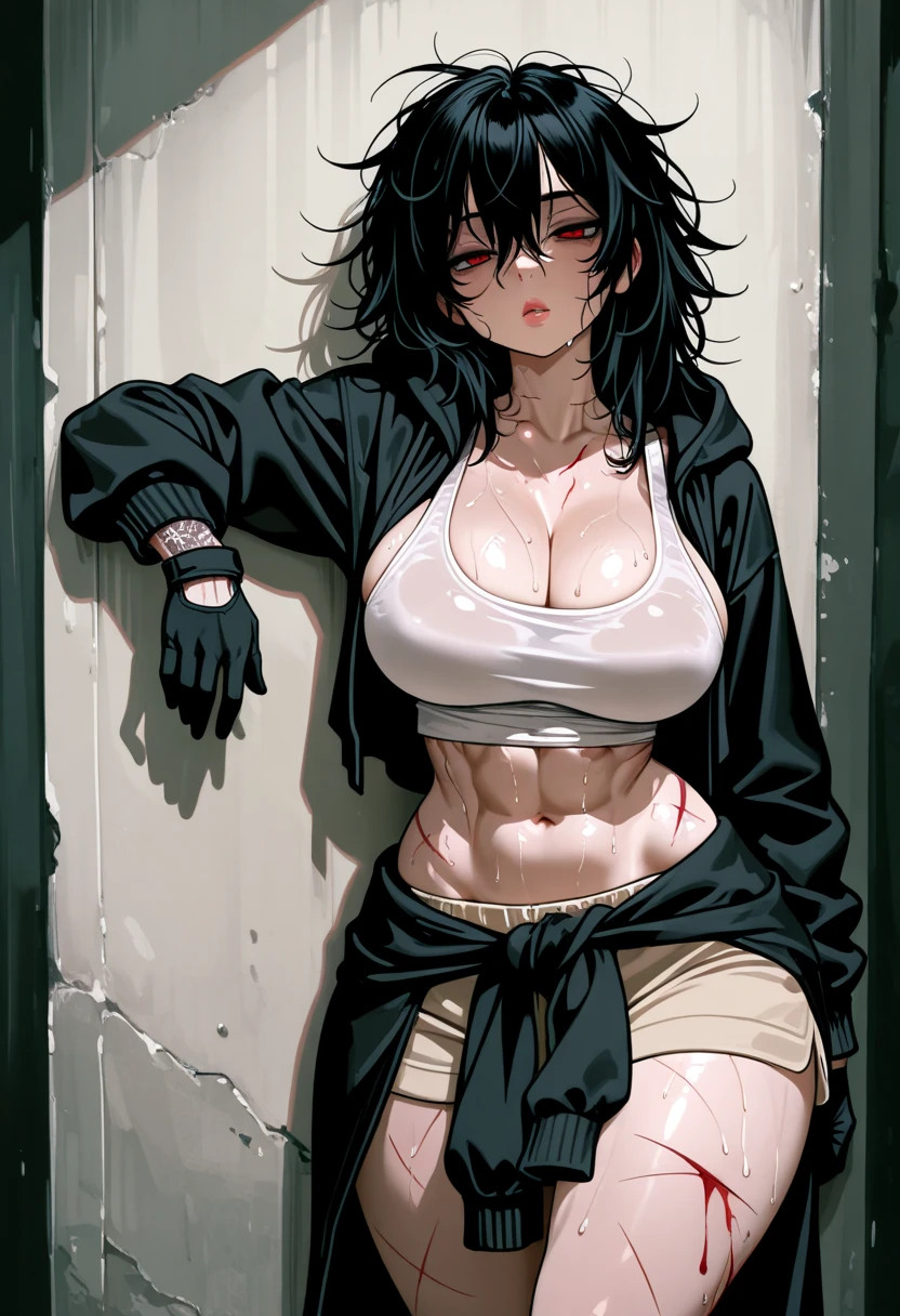 perfect anatomy muscular girl big breasts empty eyes embarrassed black hair yellow eyes pale skin