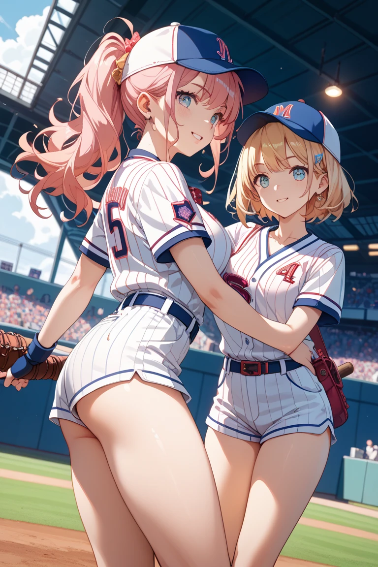 Browsing Caution,(Petite),(Crossdresser),((Penis in the crotch)),(((((Handjob))))),(Two blonde women with low pigtails),lips,Sweat,White Breath,Ecstasy face,Naughty sound effects,(((ejaculation))),Baseball uniforms