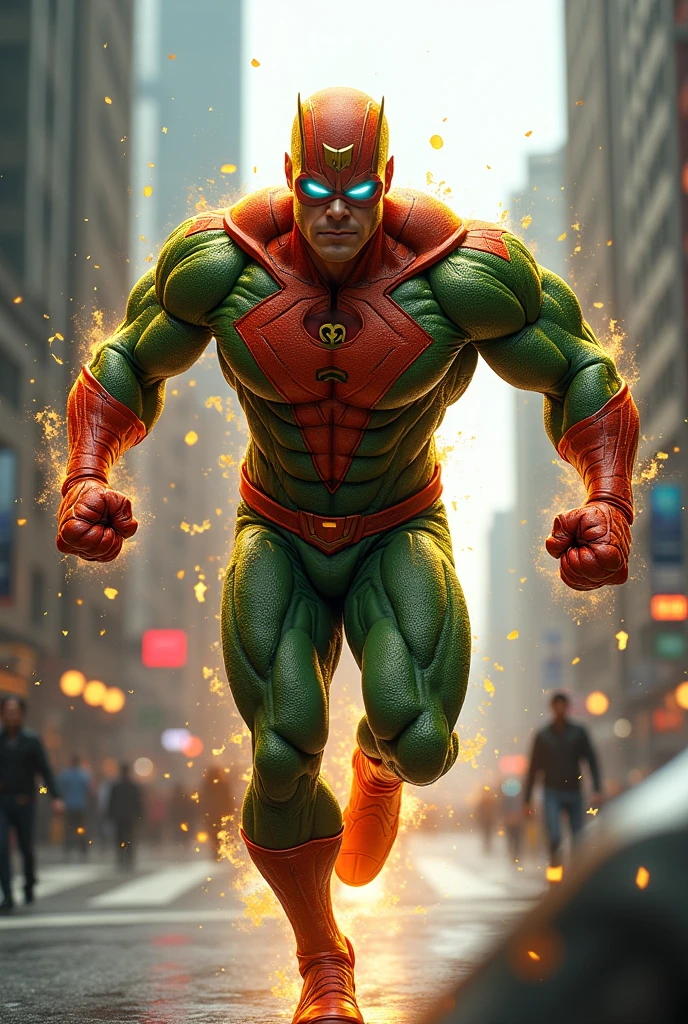 Make a Bangladeshi young man who ia 25 years old with red-green-white superhero suit