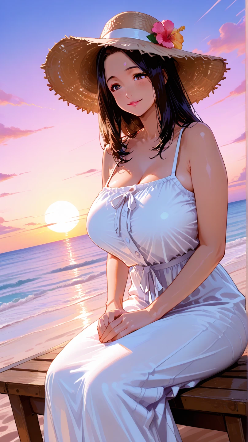 ((grin)), ((plunging neckline dress:1.3)), ((sundress)), ((off shoulders, Quite thick shoulder straps)), ((blond hair, bob cut:1.3)), ((sunglasses, hand to sunglasses)), (((from side))), ((((upper body)))), bare legs, (((A night sky stretching under a full moon, stars shining and reflecting on the sea surface))), ((sitting on the very high cliff)), wavy hair, inward curled hair, ((sea, nature)), breasts, teenager, (looking at viewer), puffy long sleeves, collarbone, head tilt:1.3, (((blue eyes))), happy smile, (((anime style))), (best quality, 4K, 8K, highres, masterpiece:1.2, ultra-detailed, ultra-detailed eyes, HDR, uhd, studio lighting, ultra-fine painting, sharp focus, physically-based rendering, extreme detail description, professional, vivid colors, bokeh)