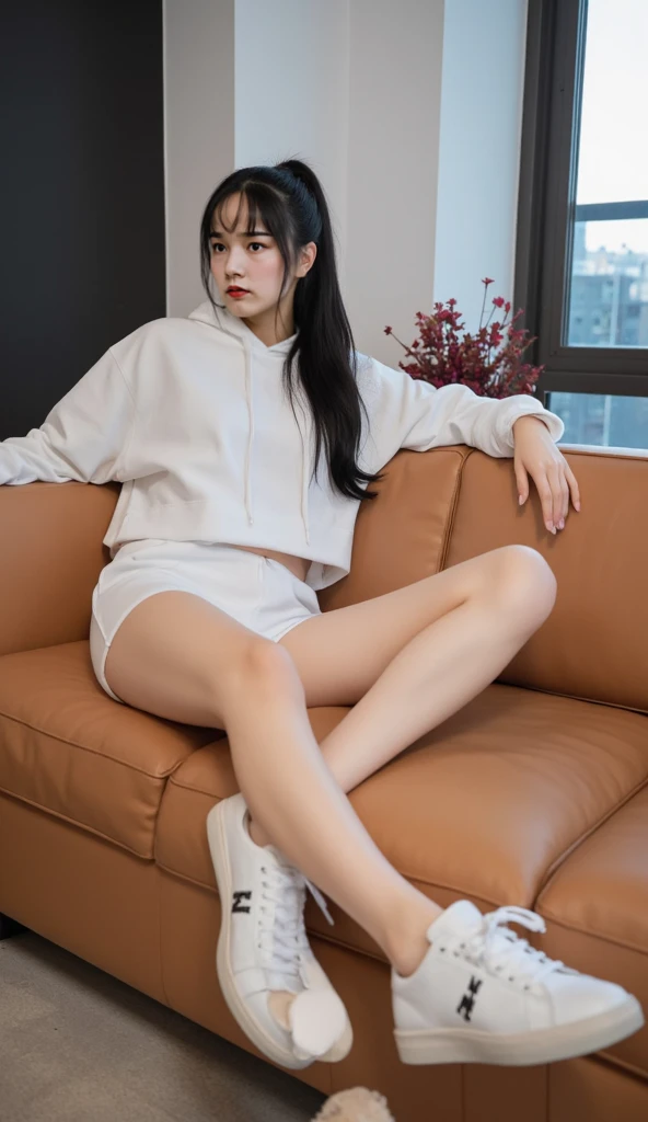 (tmasterpiece,realistically,A high resolution),((1 sister):1.2),korean people,((White hair rings):1.3),(heterochromatic eyes:1.1,Thick brow white hoodie,Black sports shorts),((middling):1.2,Small waist,upper legs),sit on a bed