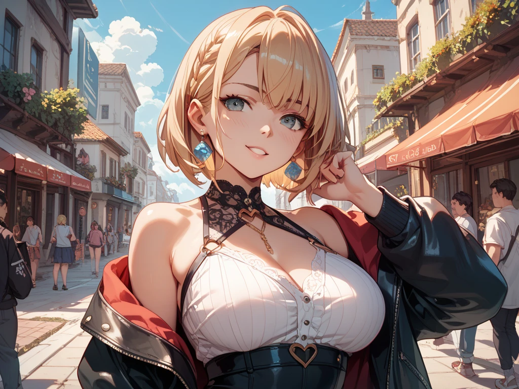 masterpiece, absurdres, best quality, ultra detailed, high Resolution, detailed illustration, extremely beautiful detailed face and eyes, Delicate beautiful face, bright colour, 1girl, cute face, magenta eyes, sparkling eyes, big eyes, medium breasts, (perky breasts:1.1), (pointy breasts:1.1), medium hips, glamorous body, white skin, happy, BREAK, long bob cut, (blonde hair:0.8), messy hair, detailed hair, shiny hair, BREAK sweater, tiny ribbon, real world, natural lights, perfect lighting, outdoor, from below,