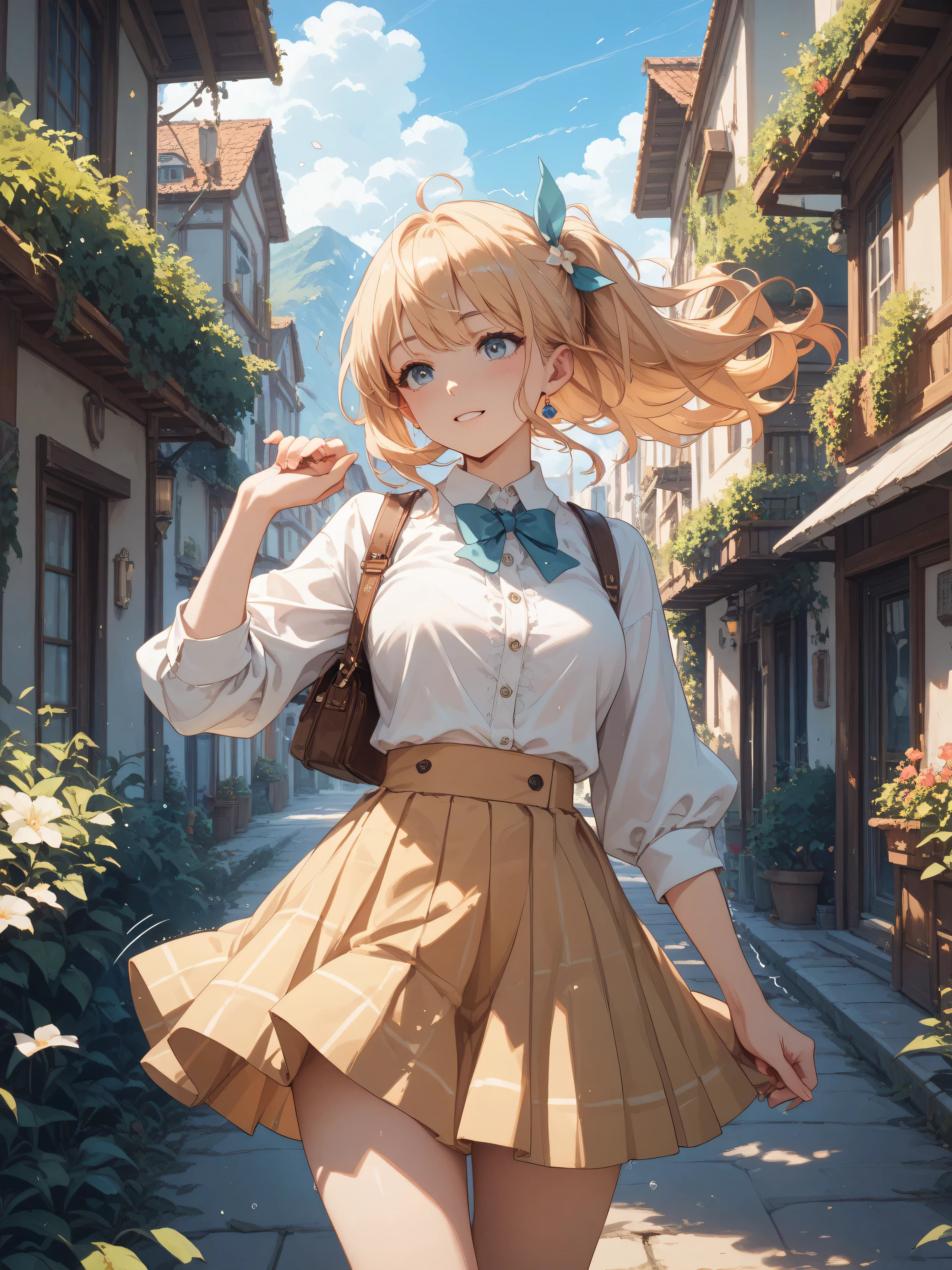  a woman whose hair is shaking in the wind、Clothes are shaking too 