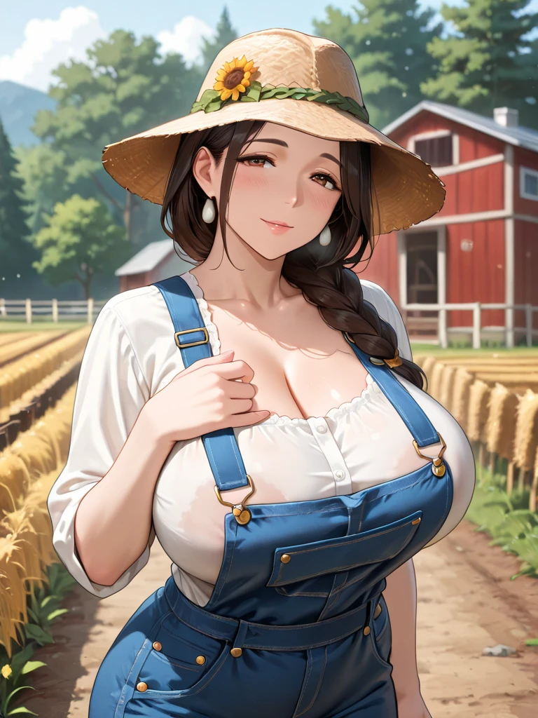 Woman standing, (naked), pubic hair, milf, farm background, big breast, blue eye, (busty), best quality, high resolution, blush, sad smiling, 1 girl, mature female, Beautiful Finger, Beautiful body, Beautiful Nose, perfect eyes, perfect face, looking at viewer, showing her pussy, embrassing, masterpiece, sweating , orgasme, straw hat, bags