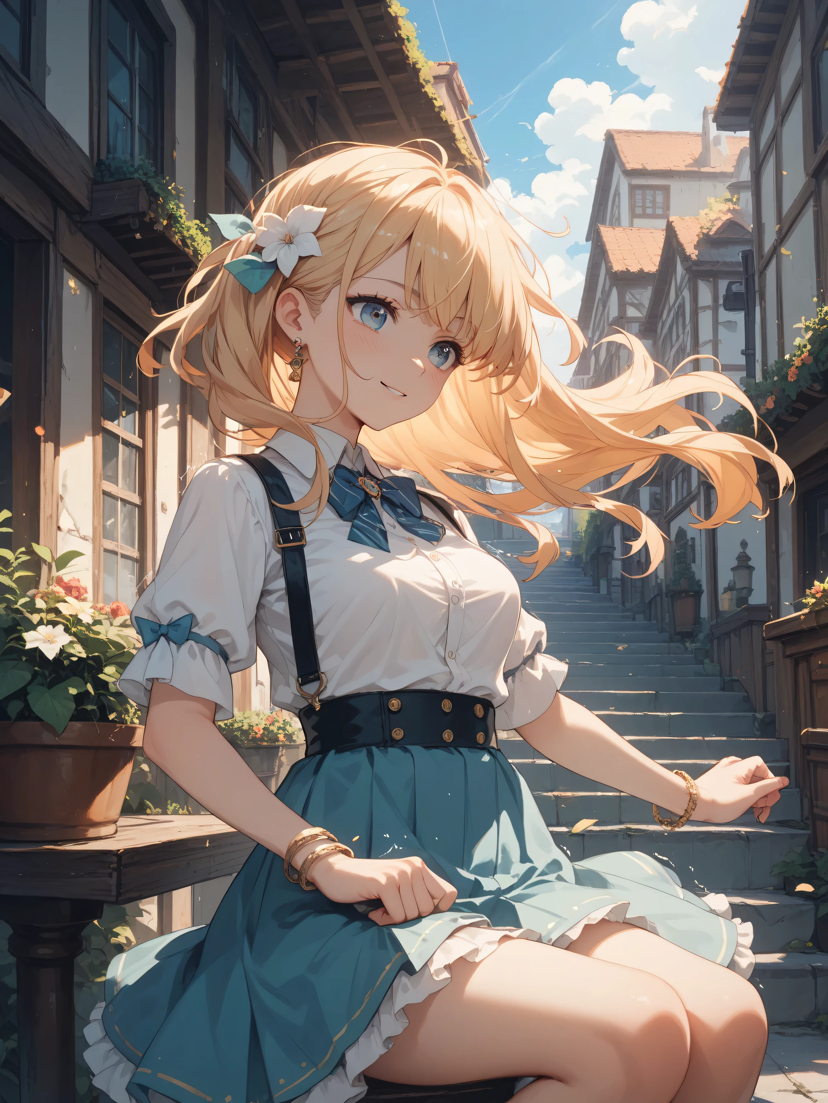 a woman whose hair is shaking in the wind、Clothes are shaking too