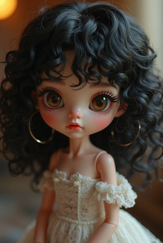 a cartoon doll with dark hair and golden details, I want it to be more childish and dark, something very unique

