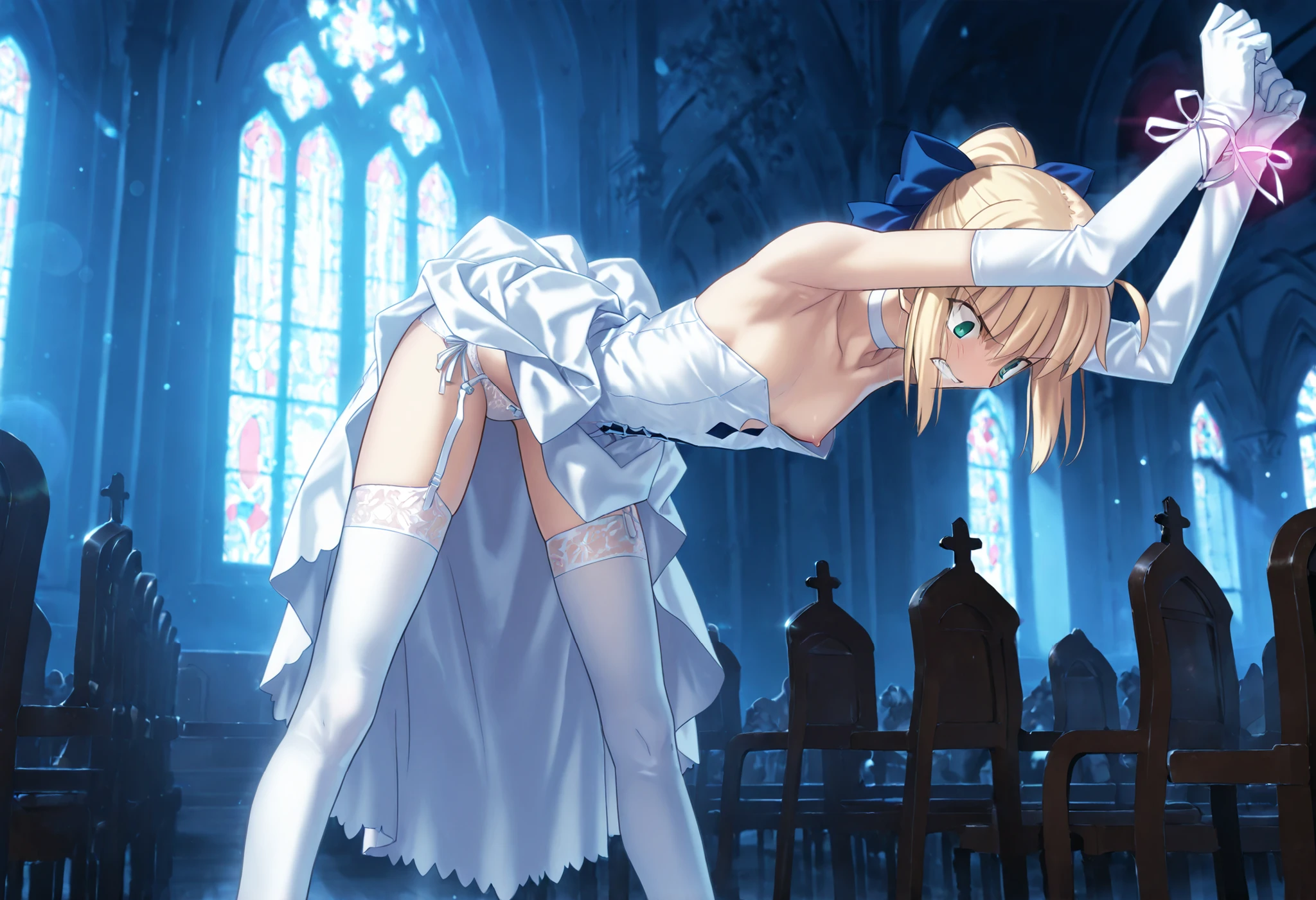 masterpiece, , absurdres, highres, detailed background, high resolution, masterpiece, necessary, detail, best quality, quality, necessary, details, High details, Precise, dark, indoors, ((church, blue hour)),day lens flare, blurry background, from side, ,
1girl, Takeuchi Takashi (type-moon,tsukihime) style, takeuchi takashi style, (aged up),((arms up:1.5)), (pink light around wrist),,(very long legs),(Frustrated, angry), clenched teeth, ((bent over, skirt up, hip up, )),white satin panties,
girl, (mature, slender body, slim arms, slim body),artoria pendragon, saber (fate) ,blonde hair ,green eyes ,wide eyed, ahoge ,hair ribbon ,blue ribbon ,short hair ,sidelocks ,(hair bow ,blue bow ,ponytail), white choker ,bare shoulders ,white dress ,strapless dress ,cleavage ,white gloves ,elbow gloves ,light blue garter straps ,white thighhighs, lace trim thighhighs,(flat chest, nipple slip),looking down,