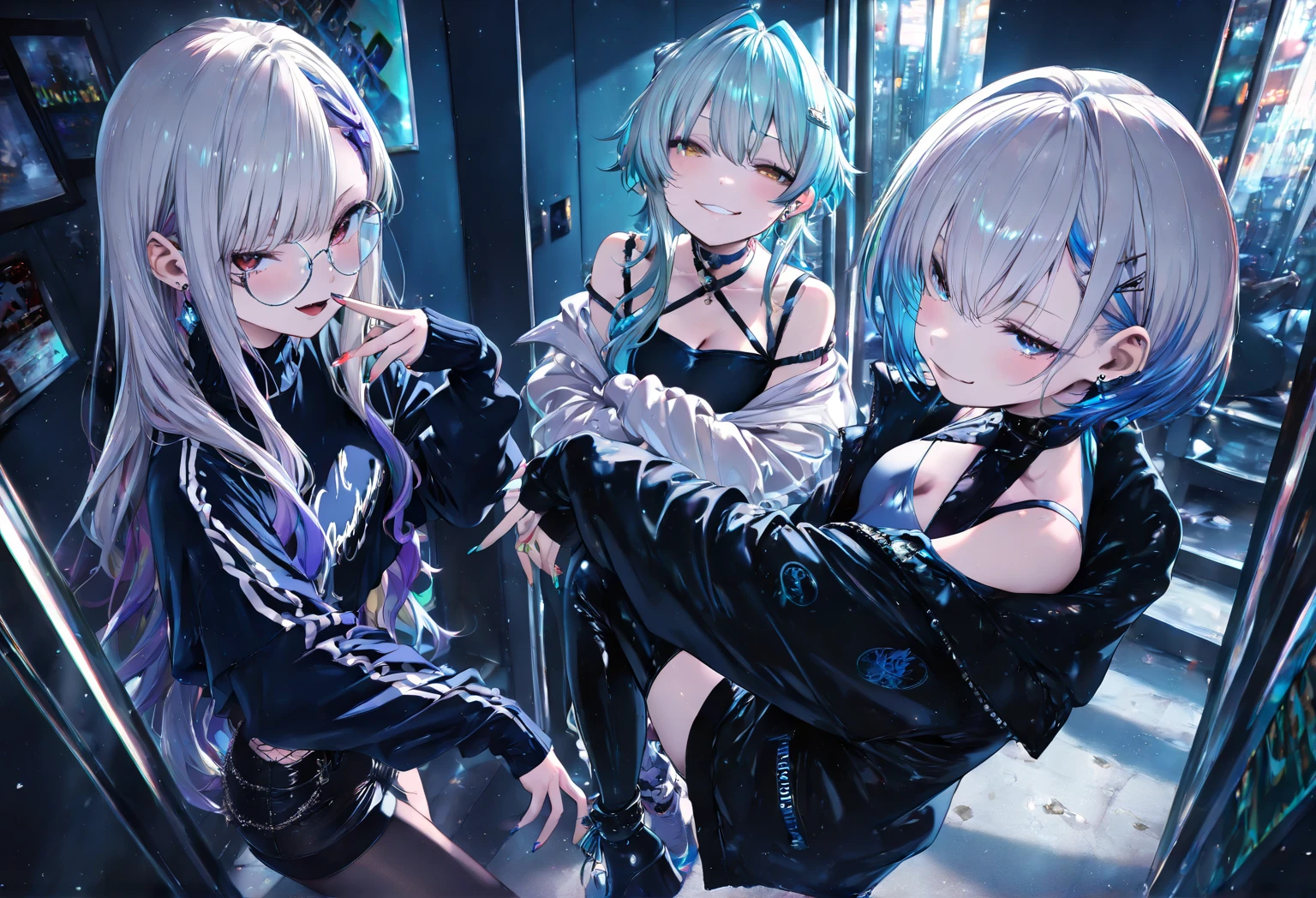 one biker girl , Light ash grey hair elegantly curled,blue light eyes, punk styles, has tattos on the arm , Masterpiece（（tmasterpiece）），Black color Leather jacket（（black jean ）），，adorlable，beautiful face, one person
