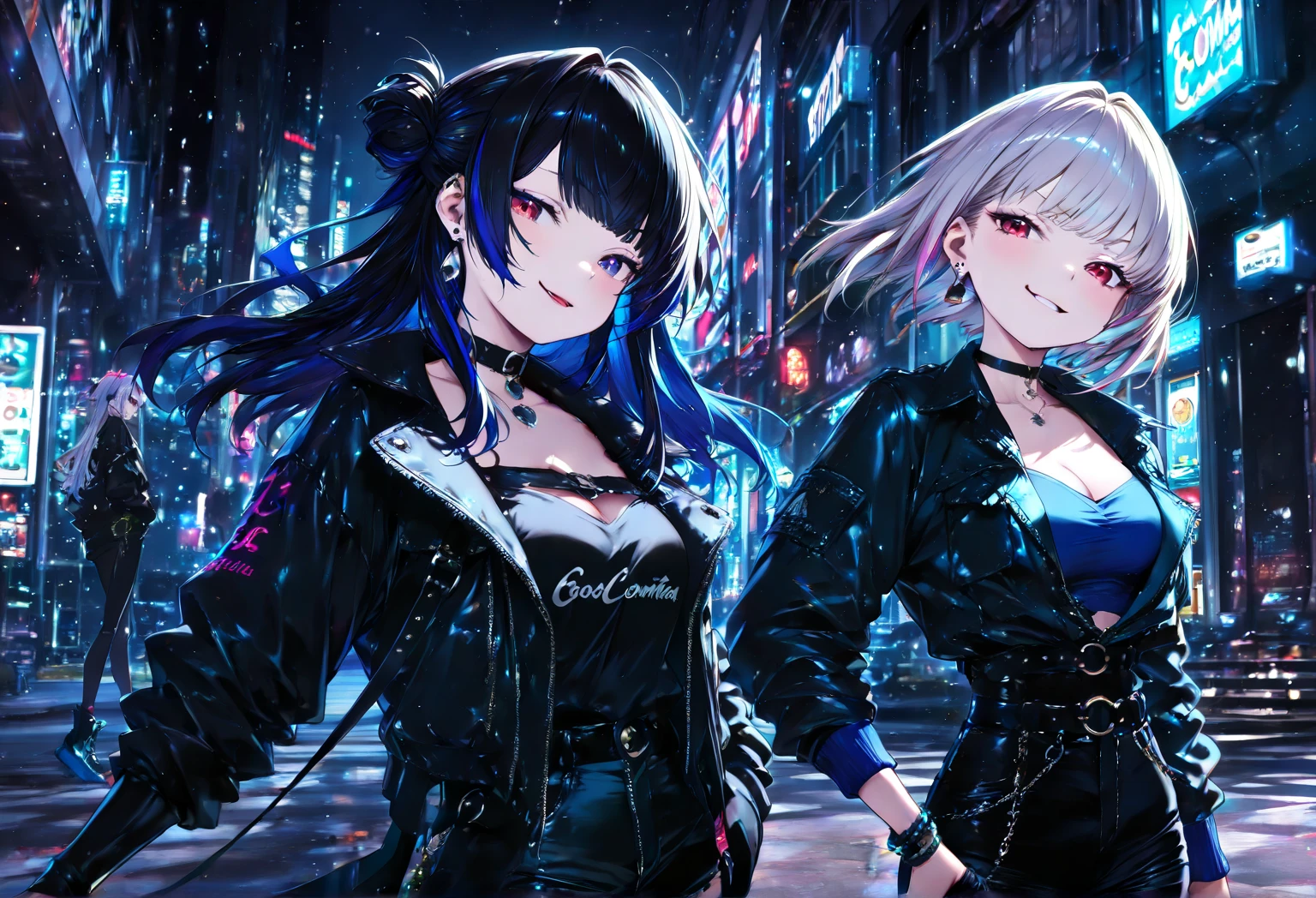 one girl , white haired with long ash hairstyle, cross earrings , cross necklace , Wearing a black leather biker jacket, black leather pants, , , city scenery , cool , Punk , Night Light , High quality, korean face, purple eyes, punk ,street wear, yakuza, nice body, beautiful face,soft skin ,attractive, spy, proportional body,