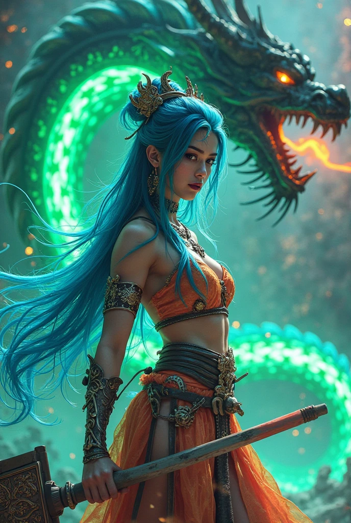 Blue-eyed Javanese girl. Bright blue hair. . Has a flat round radar-like tool in his right hand. dressed in white. Beautiful. Very realistic. cheerful. Set on a cliff edge mountain peak.there is a green dragon snake behind him. The dark sky with yellow lightning strikes surrounding the dragon..the girl is wearing short jeans.