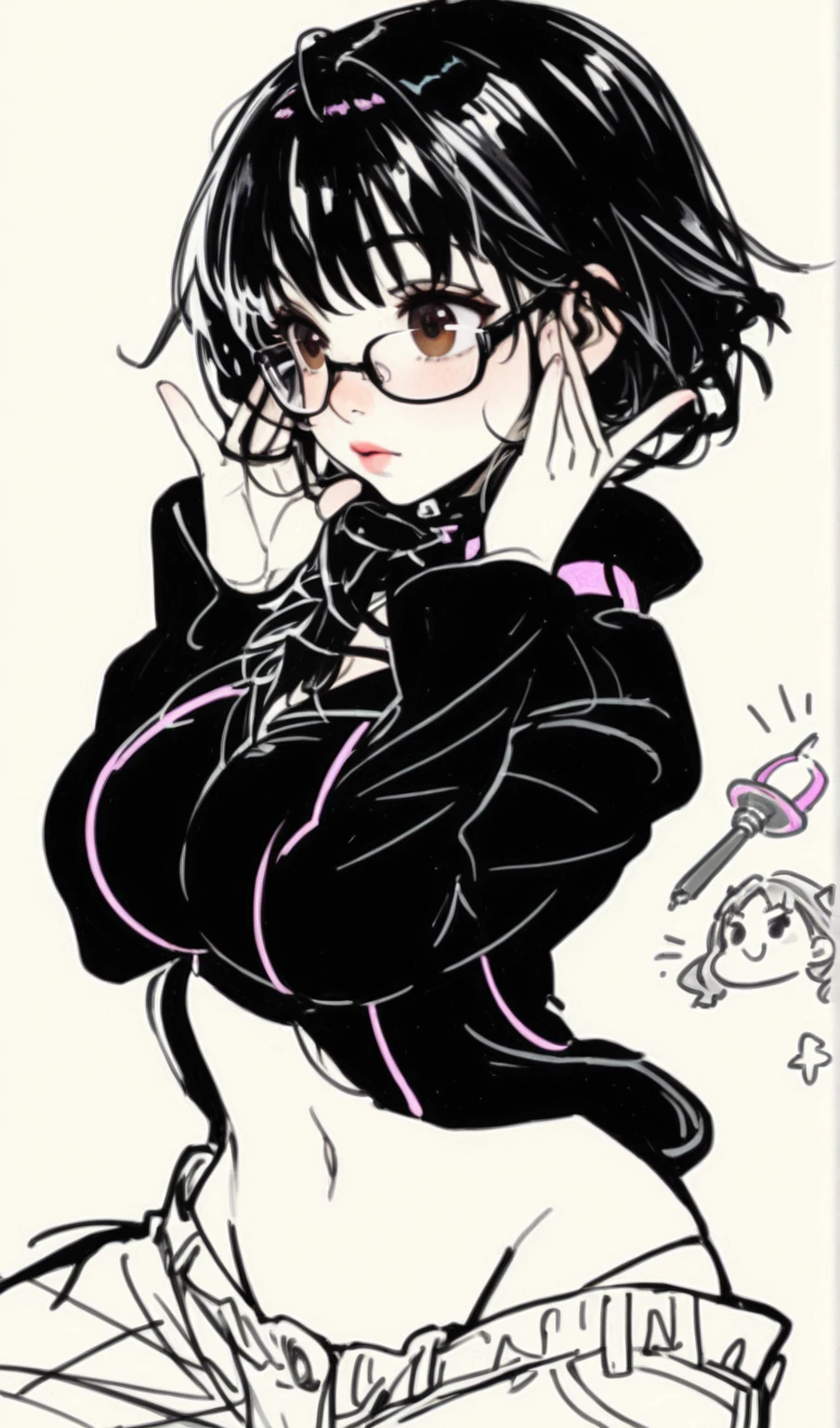大きなchestを持つ青い縞模様の制服を着たアニメの女の子, alone, Black Hair, Braiding, chest, View Viewer, smile, Brown eyes, blush, ((Fishnet tights)),1990s style,Brown eyes,Glasses,丸いGlasses,Braiding,Black Hair,Shiny Hair,,low length,Exposing shoulders,Bunny ears,Bunny girl,Purple High-Leg Leotard ,Strapless,bow tie,Detachable collar,Fishnet tights,Wrist cuff,One girl,(Browsing Caution:0.55), ((chestが平らな, Flat Stomach, Baby Face)), (Vibrant colors)　　　　(highest quality,4K,High resolution), Delicately expressed illustrations with realistic details，Gathering of 5 women＋Selfie，Looking into the camera、Point the camera up，Staring at this、smile，Red color clothes，（Black and long straight hair），Yellow clothes，（ Brown bob hair）Blue color clothes，（short-haired and disheveled hair,,,,,） Pink clothes，（ Beautiful with a pink ponytail），White color clothes，（Blonde twin tails），5 Idol-type Women，stage，Vibrant appearance，Comic Strip，And soul，Comical illustration，Cute illustrations delicately drawn in detail，Looking up at the camera from above
