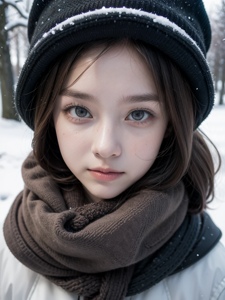 There is a girl with a hat and scarf in the snow., ulzzang, ojos helados, pale korean adorable face, pale, snow-white skin, retrato realista kawaii, joven y adorable rostro coreano, sakimichan, linda hermosa, maquillaje popular de corea del sur, ojos grandes y hermosos y realistas, hermoso lindo, muchacha coreana, Lalisa Manobal, maquillaje coreano popular
