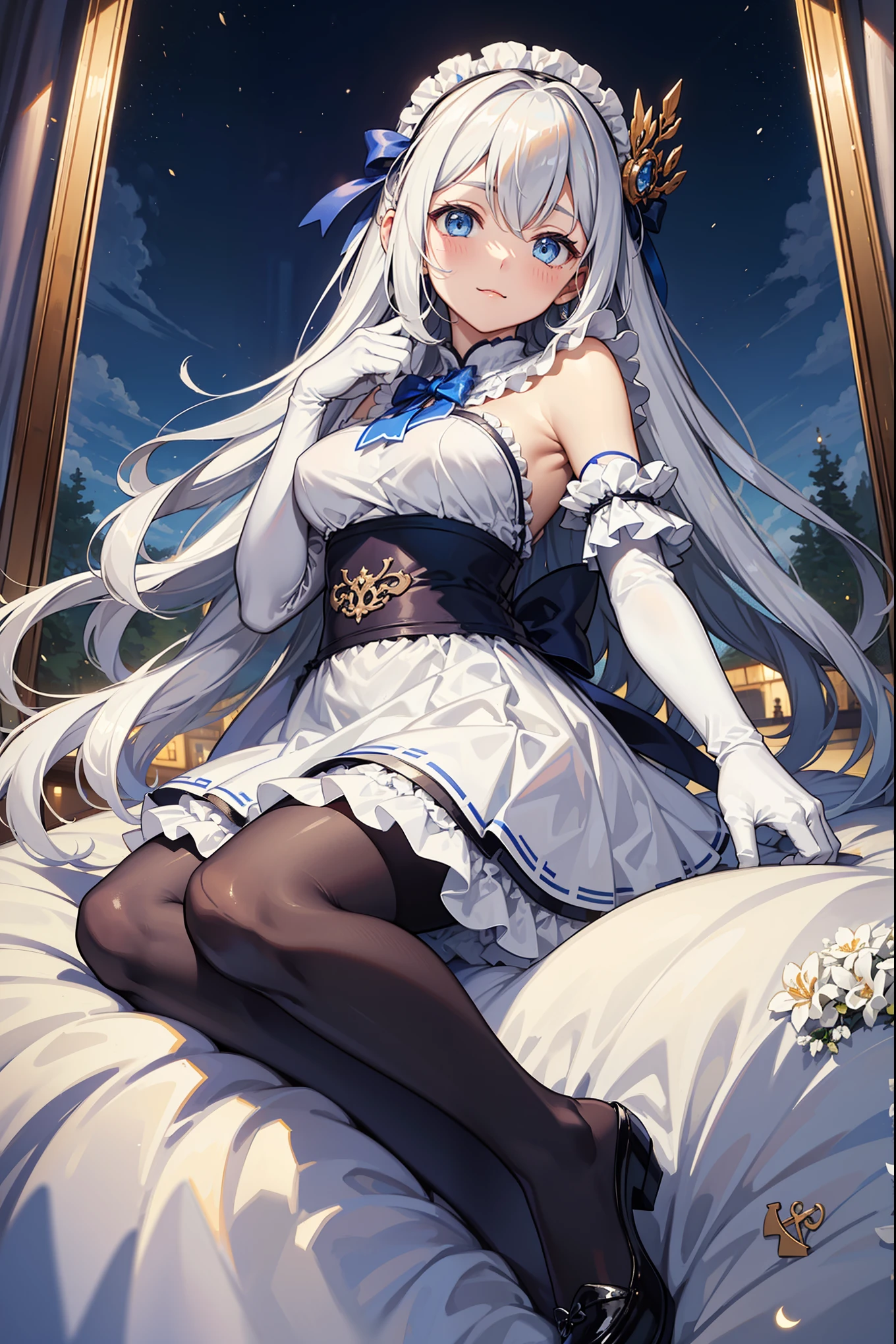 (Highest quality)), ((masterpiece)), (detailed), battlefield、One sleeping girl, Crystal clear light blue hair、Her hair is gradated and white from the hairline to the middle.、Hair length is up to the knees、Gorgeous light blue lustrous nightgown、The hair ornament is glittering gold.、Silver hair ornament、She has big breasts、Adult face、