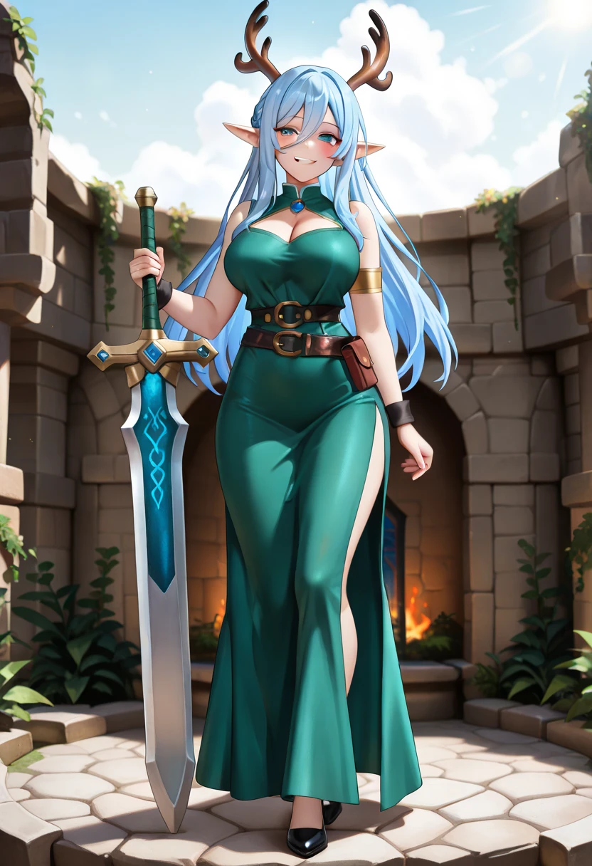 1 magical warrior girl, with red costume with black parts, rainbow hair and red eyes, huge breasts, holding a fire elemental sword, in a dungeon in zelda breath of the wild, looking at the viewer, evil smile, anime, high detail, Realism, Hyperrealism, wide shot, 16k, UHD, masterpiece, high details, best quality, award winning, highres