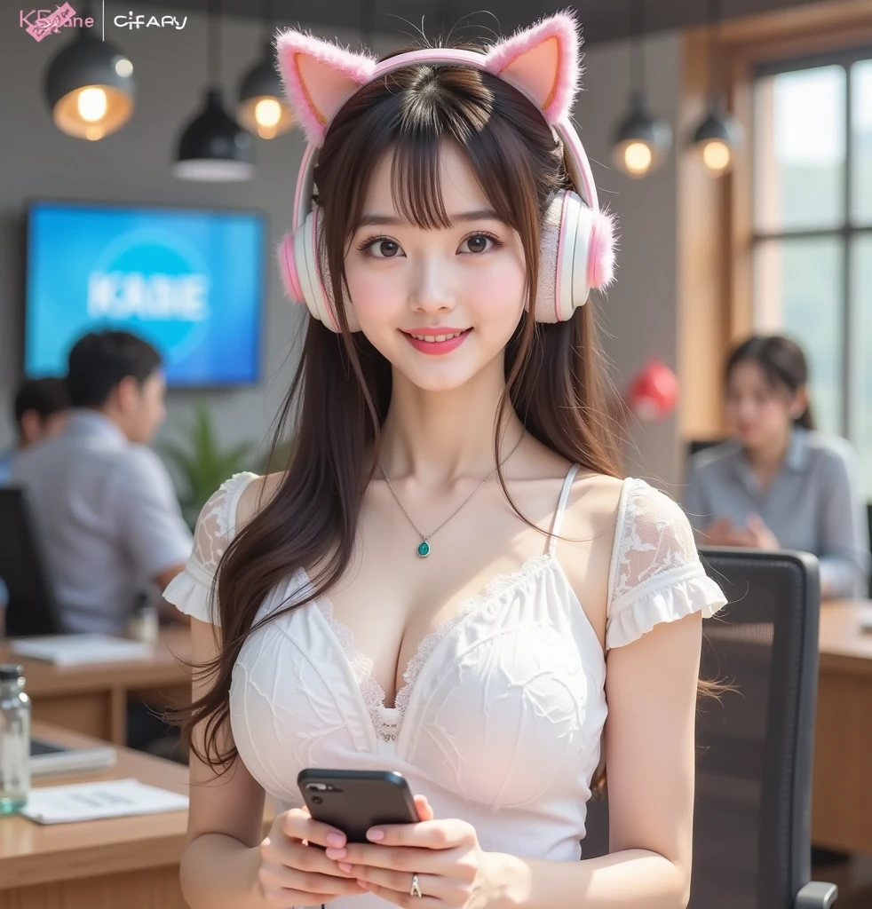 (Realistic lighting, Best quality, 8K, Masterpiece: 1.3)), Clear focus: 1.2, 1girl, Perfect beauty: 1.4, Big breasts: 1.2, Slim abs: 1.1, ((dark brown hair)), (sexy pink gamer outfit with skirt), (girly game room) night: 1.1), , Super fine face, fine eyes, Double eyelids, cat ear headphones, standing up full body