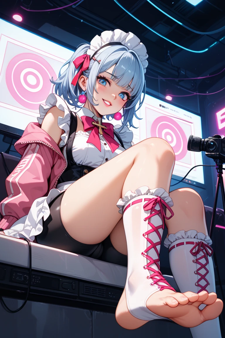 masterpiece, highly detailed, 8k, night time, neon gaming cave, adorable short haired American gamer girl laying on a bean bag, cute face, holding a playstation game control, showing panties, sexy panties, looking at the monitor, Twitch streamer, camgirl, very short skirt, fit, gorgeous, sexy, 23 year old, over the knee socks, pink hair, messy twin tails, (dynamic pose), (dynamic angle), panty shot