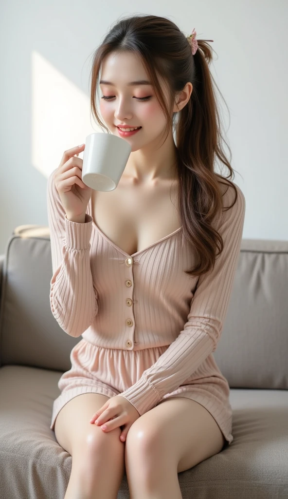 Pretty smiling woman, drinking coffee, fiddling with mobile phone, feminine in short clothes while lying on sofa while working from home,