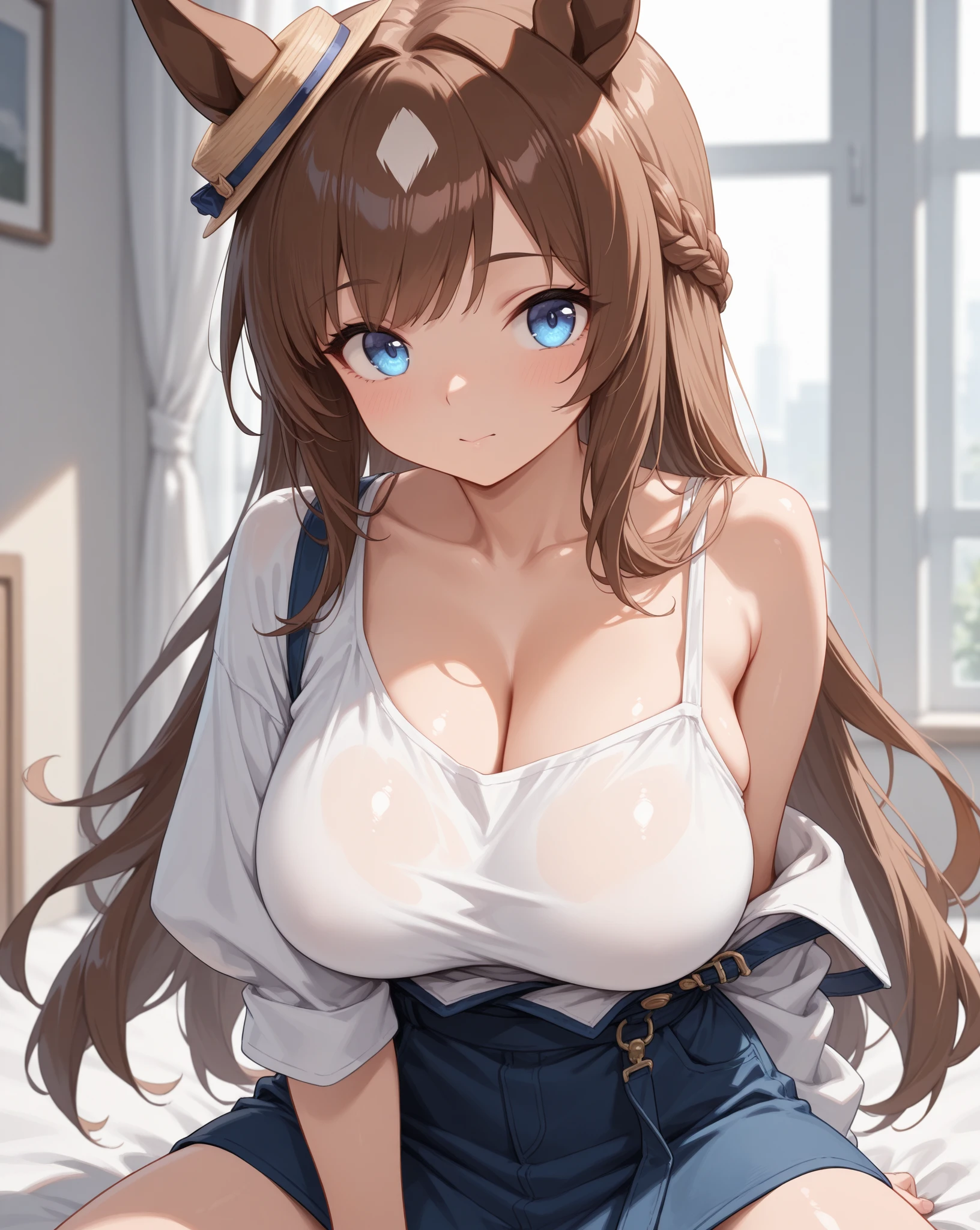 1 girl, anime-like, Bethel, blue eyes, moist eyes, chubby, big plump breasts, long hair, brown hair, hair over one eye, bangs, one ear showing, large shirt, solo, shirtless Unbuttoned, cleavage, beautiful hands, flawless hands, white shirt, leaning forward, straight ahead, emphasizing the chest with arms, smiling, (masterpiece), (highest quality), (super detailed), real background, golf, , Attractive sportswear, outdoor