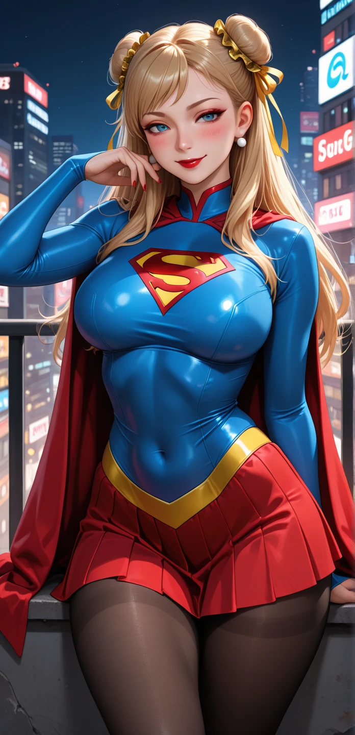 (melhor qualidade:1.3), Supergirl, capa vermelha, S do super-homem no peito, blue swimsuit, Red skirt, botas vermelhas, (demon girl), very huge breasts, sedutora, sexy, cabelo branco com as pontas verde claro, chifre com as pontas vermelho