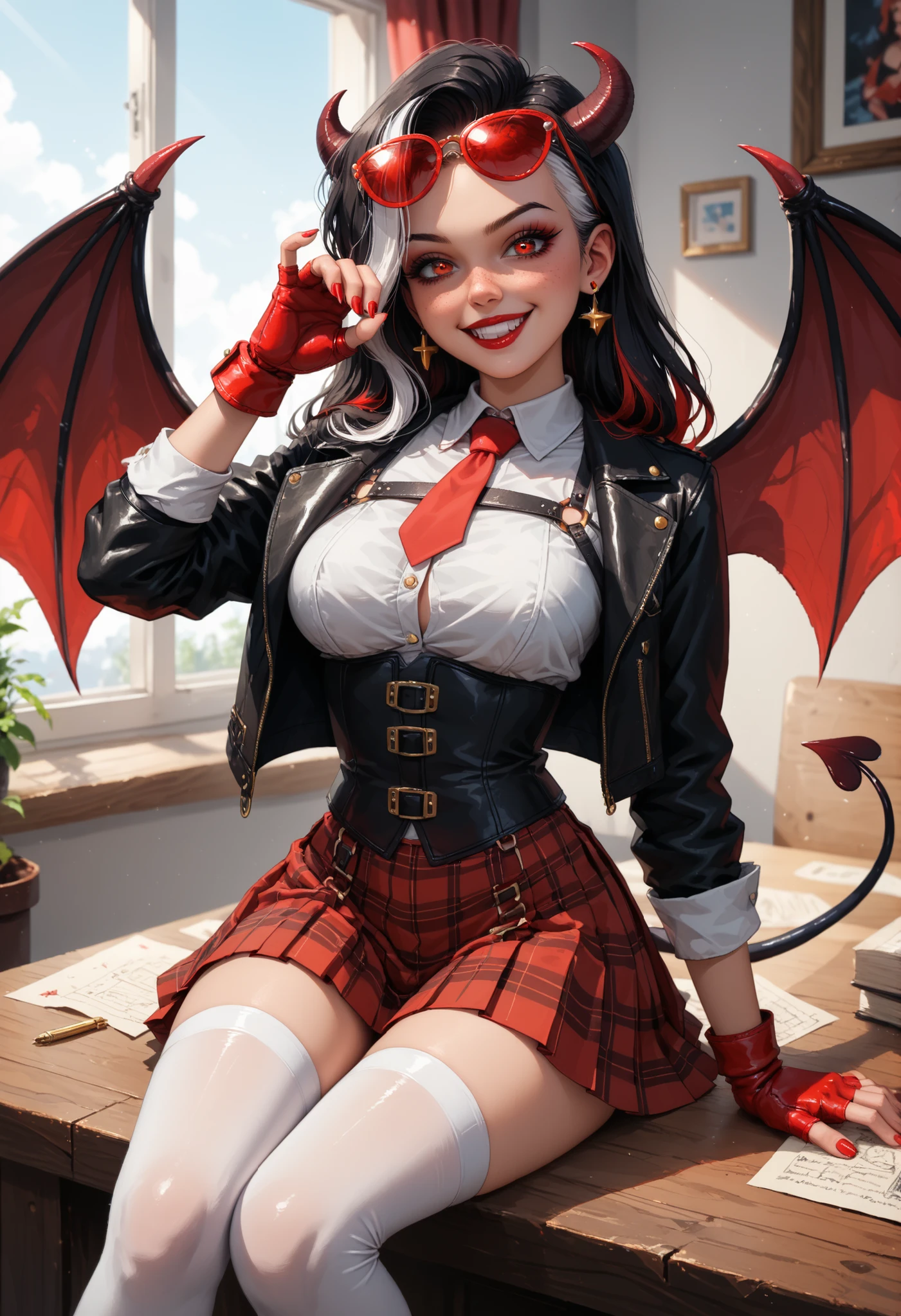 Wallpaper A mischievous demon girl, playful pose, demonic ears succubus wings and tail smiling mischievously, :), red eyes, long black hair with subtle white highlights, Red sunglasses on her head, red necktie tied loosely around her collar, ends dangling playfully, red Fingerless gloves, Leather body harness, Black (outside) and deep burgundy (Inside) oversidzed leather jacket with rolled-up sleeves, revealing a fitted black velvet corset over a crisp white button-up shirt. Leather body harness layered over the corset, Crimsom with black details pleated plaid skirt with buckled belts. gatherbelt under the skirt, white thigh-high socks, Mary Jane shoes, 1990s \(style\), retro artstyle