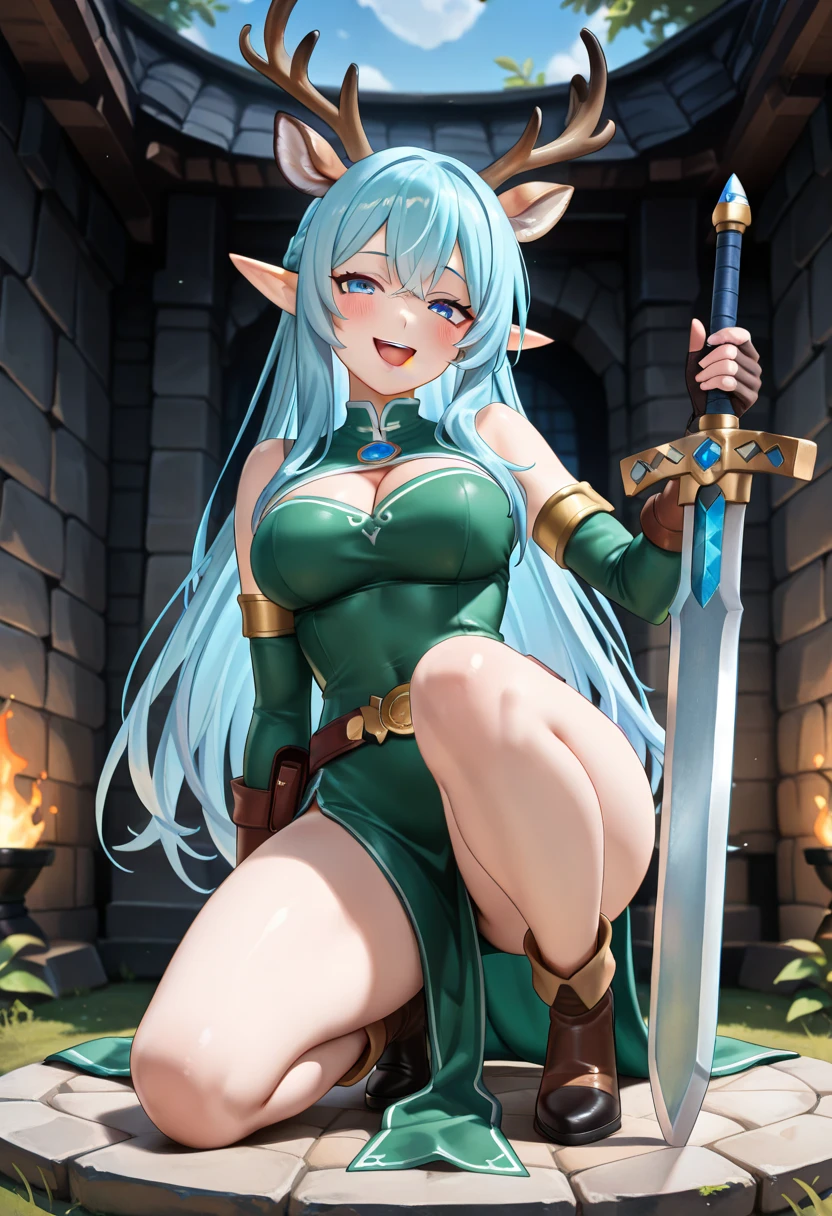 A breathtakingly beautiful elf woman, adorned in a skimpy warrior outfit that leaves little to the imagination, exudes confidence as she stands before a majestic castle. Her toned abs and defined midriff are on full display, her navel a subtle but intriguing focal point. In one hand, she holds a spear, ready for battle, while the other rests casually on her hip. The highly detailed and intricately designed outfit shimmers in the dynamic lighting, each curve and crease magnificently rendered. Sharp focus captures every texture and detail, from the smoothness of her skin to the roughness of the spear. The entire scene is bathed in smooth,detailed face, detailed eyes, detailed hands