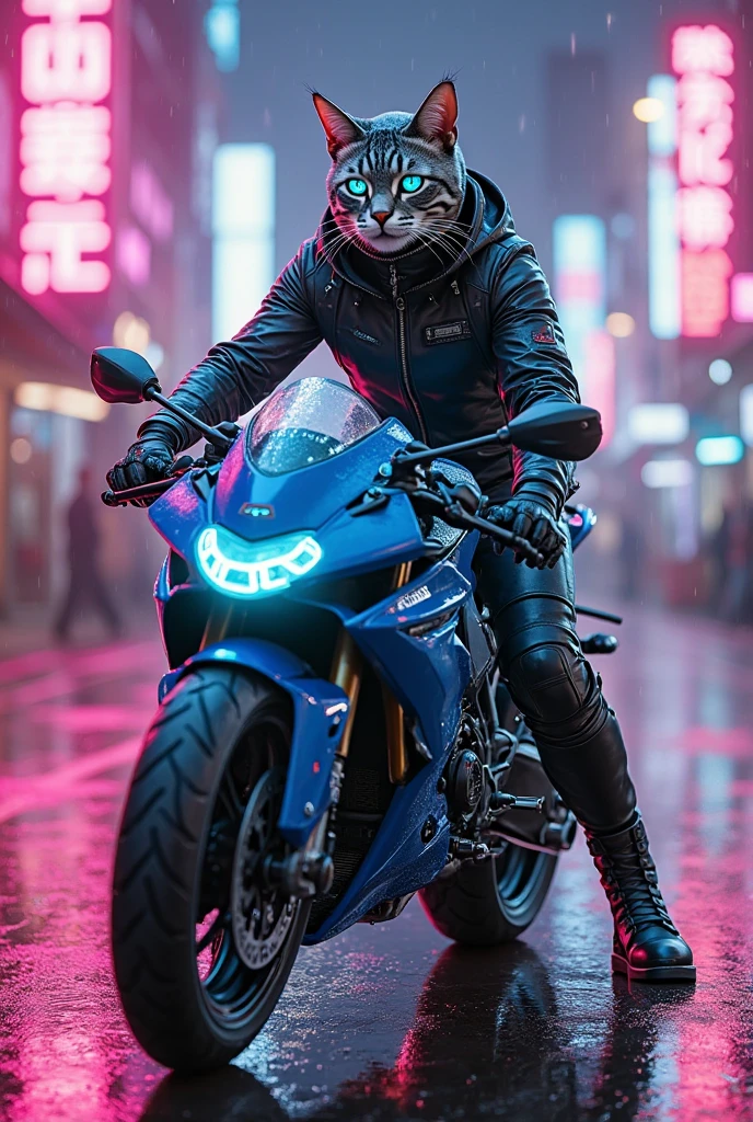masterpiece, ultra detailed, best quality, realistic, detailed background, (cyberpunk street, neon palette, neon lights, outdoors), depth of field, light particles, reflection, raytracing, dutch angle, (side view:1.2), low angle view,solo, furry female, miqo'te, chibi, (ahoge:1.2), (whiskers:1.2), (cat eyes:1.1), cat tail, 4 fingers,((two-tone fur:1.1), white stomach fur, (deep blue body fur:1.3), blue hair, white cheek fur, orange eyes),  (MCRS, blue racing suit, blue biker suit, glowing),realtail,smirk, ridding on motorcycle, (goggles on head:1.1), (unworn helmet:1.2), <lora:MCRS_v1.0.safetensors:0.4:0> <lora:cyberpunk.safetensors:0.5:0> <lora:realtail from hehind.safetensors:1:1> <lora:waifu_on_Motorcycle_v2.safetensors:0.8:0.8> <lora:cateye_v100.safetensors:1:1> <lora:lora_Furry_female.safetensors:0.5:0.5> <lora:Furtastic_Detailer.safetensors:0.6:0.6>