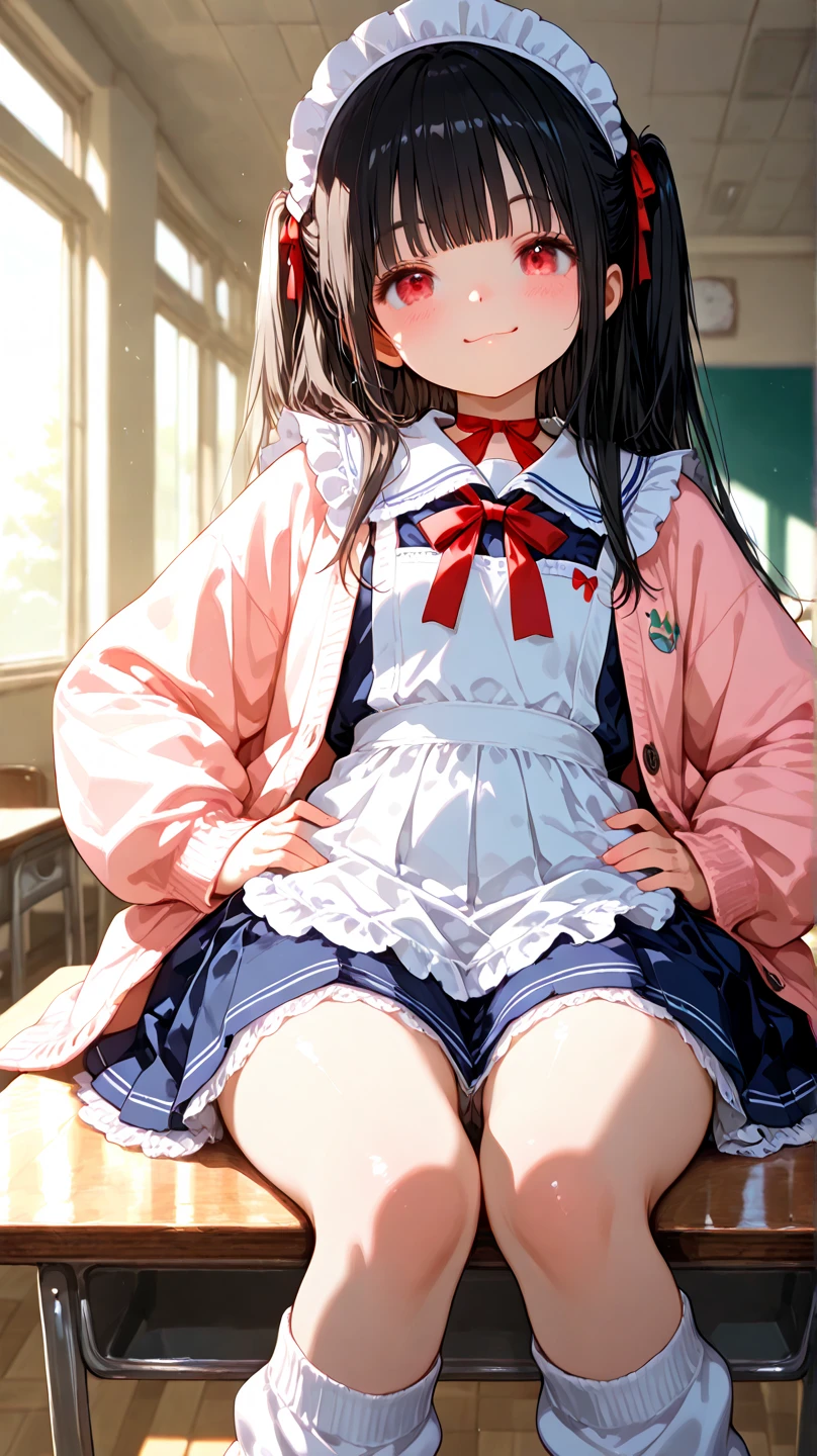 NSFW,masterpiece,Highest quality,High resolution,Super detailed,nekone \(utawarerumono\),uniform,mini skirt,pantyhose,Frill Panties,Embarrassed,blush,Expecting face,Seduce,smile,School,classroom