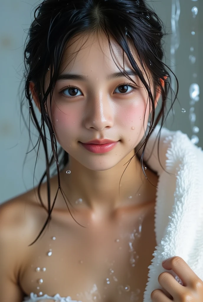 ((Taking a shower))、((Whole Body Ezbian))、((Cowboy Shot))、((Sexy Nudes))、first class、The true picture、Intricate details、Ultra-high resolution、Depth Field、masterpiece、Professional Lighting、 (()),Very cute face, Great face and eyes,No makeup、 (Highly detailed eyes, Highly detailed face),