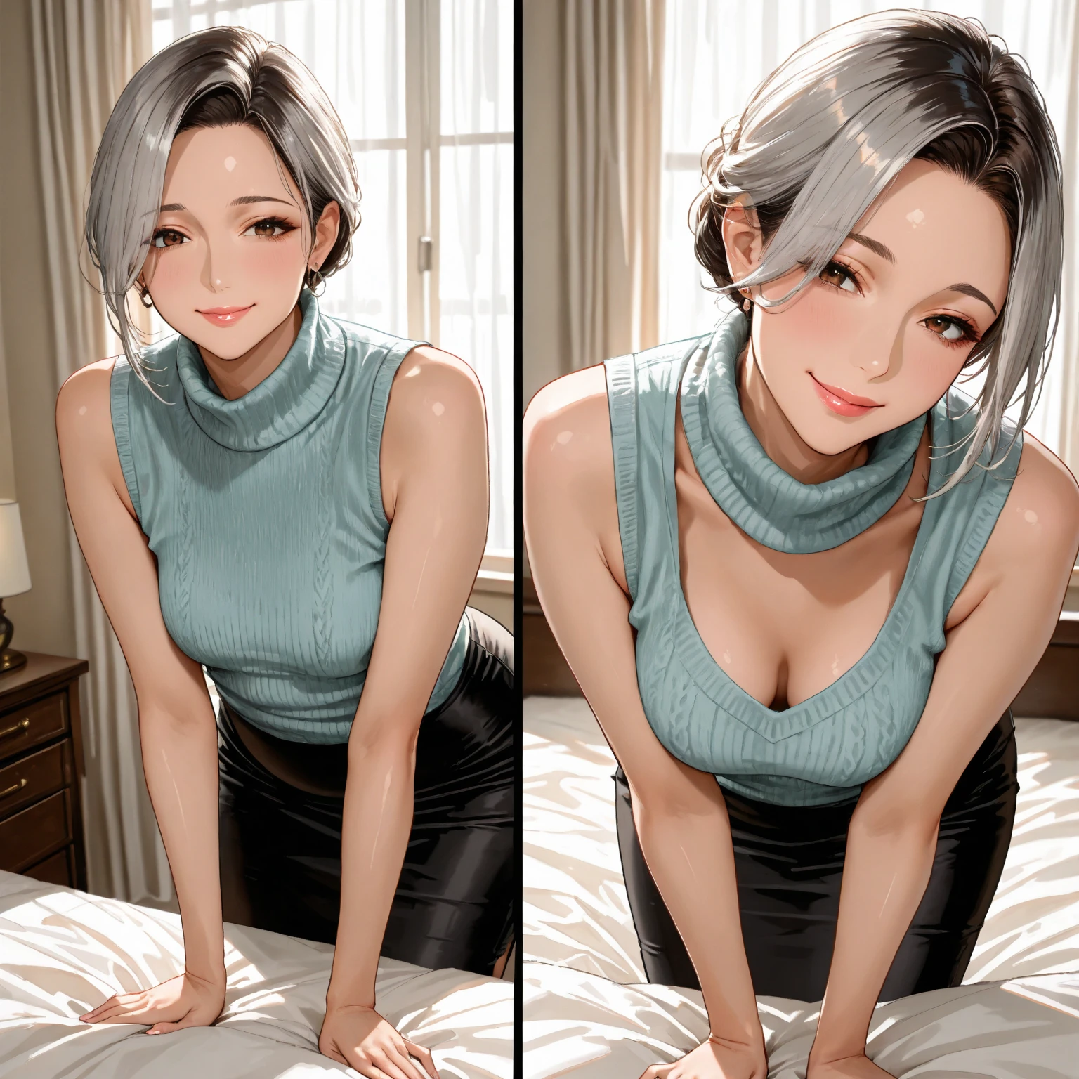 (photo Realistic:1.4), (hyper Realistic:1.4), (Realistic:1.3),
(Smoother lighting:1.05), (Improving the lighting quality of movies:0.9), 32K,Vulgar Colourful pop-up magazine covers,(Vulgar),Sorry、This text cannot be translated。, Group shot,Greige Hair Color{{{Sweater dress}}}, No sleeve, Turtleneck sweater, {{Side bust}},Light gray wool,hair accessory,Sweat dripping,Between the breasts,Big Breasts,A seductive smile,Tilt-shift camera crowd,From the side,Sit with your legs apart ,Sex shop outdoor stall
