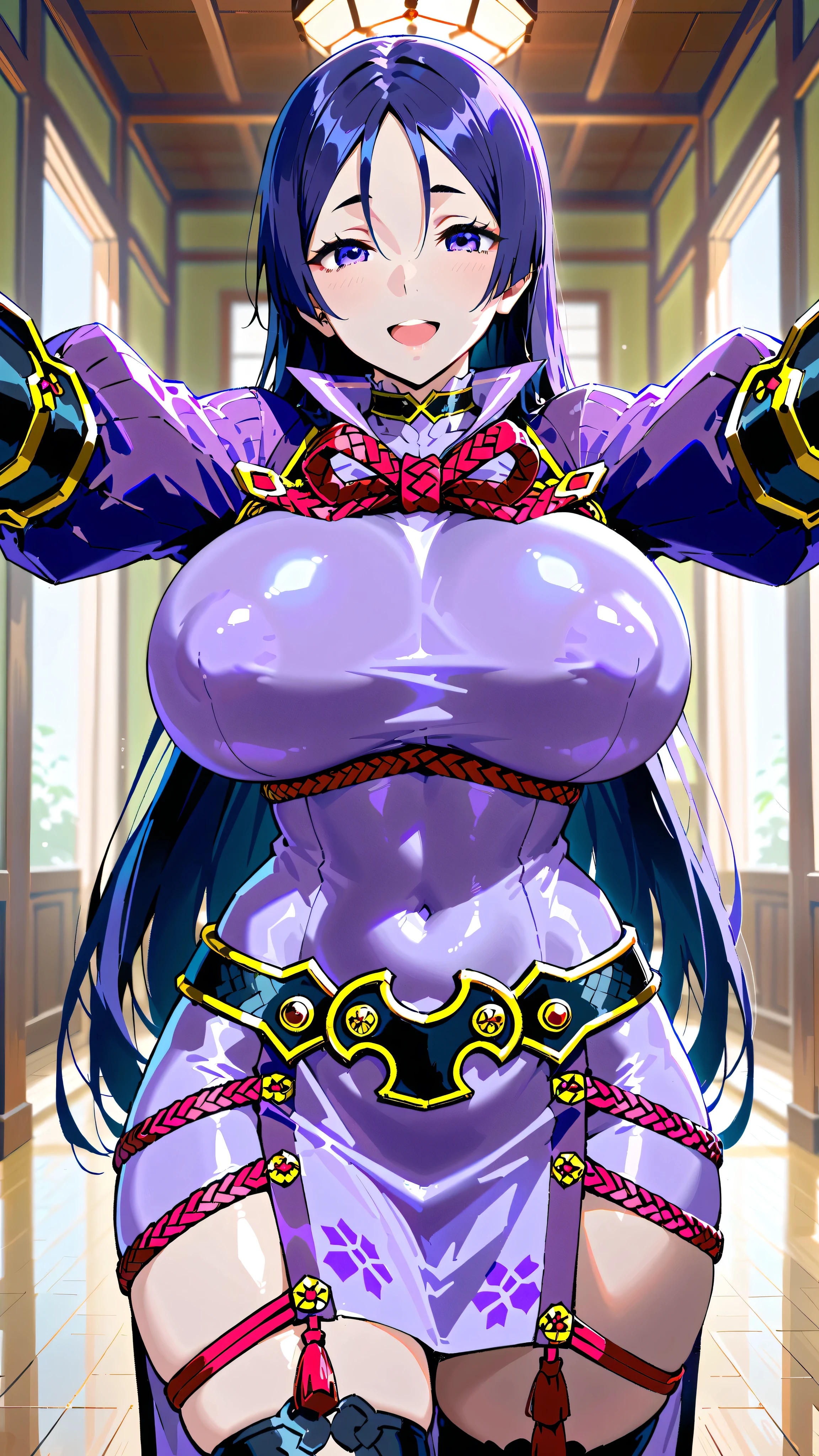 Solo, girl, Minamoto no raikou, minamoto outfit, long straight hair, purple hair, large soft and firm breasts, maternal look, thin waist, perfect hips, feminine position, open arms, waiting for a hug, affectionate smile, violet eyes, long straight hair, happy open mouth, tall, perfect scene , Masterpiece, score 9, anime colors, AMERICAN SHOT, beautiful, composition, HARMONY, high quality ,beautiful