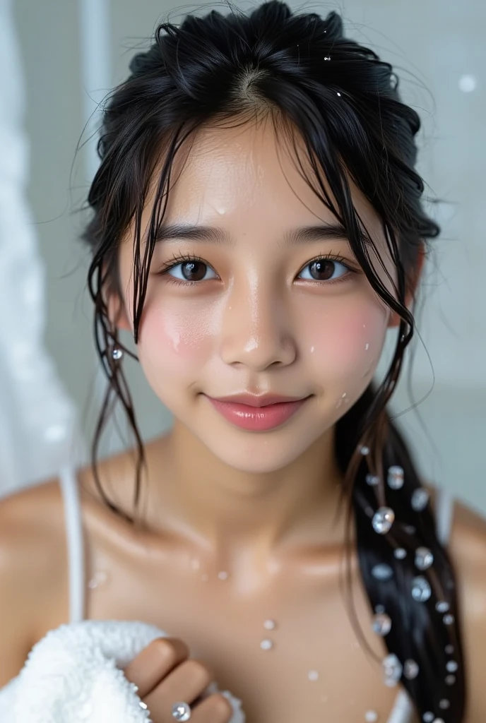 (Highest quality, 4K, 8k, High resolution, masterpiece:1.2), Very detailed, (Realistic, photoRealistic, photo-Realistic:1.37)、smile、Japanese、(Navy blue high neck sleeveless shirt)、(((Bukkake)))、Lips parted,