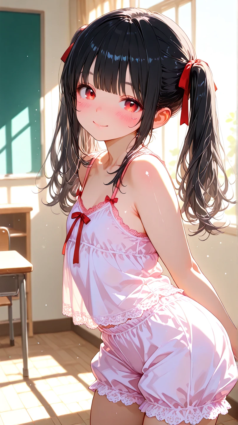 Hands behind back,Tied up with hands behind back,front view,looking at viewer, looking ahead,1girl,Beautiful girl at 13 years old,Japanese,Slender,,low length,Small breasts,Thin legs,Small Ass,Baby Face,Small face,Black Hair,Row Twin Tails,Gray Eyes,Drooping eyes,middle School girls,Sheer black and pink negligee,Sexy Lingerie,open mouth,tongue out,front face,Kneeling,Put your chin forward,Beautiful and detailed anime art,A mischievous smile,Sexy vibe,cum on tongue,Dimly lit room,On the bed,Simple Background,Gray background