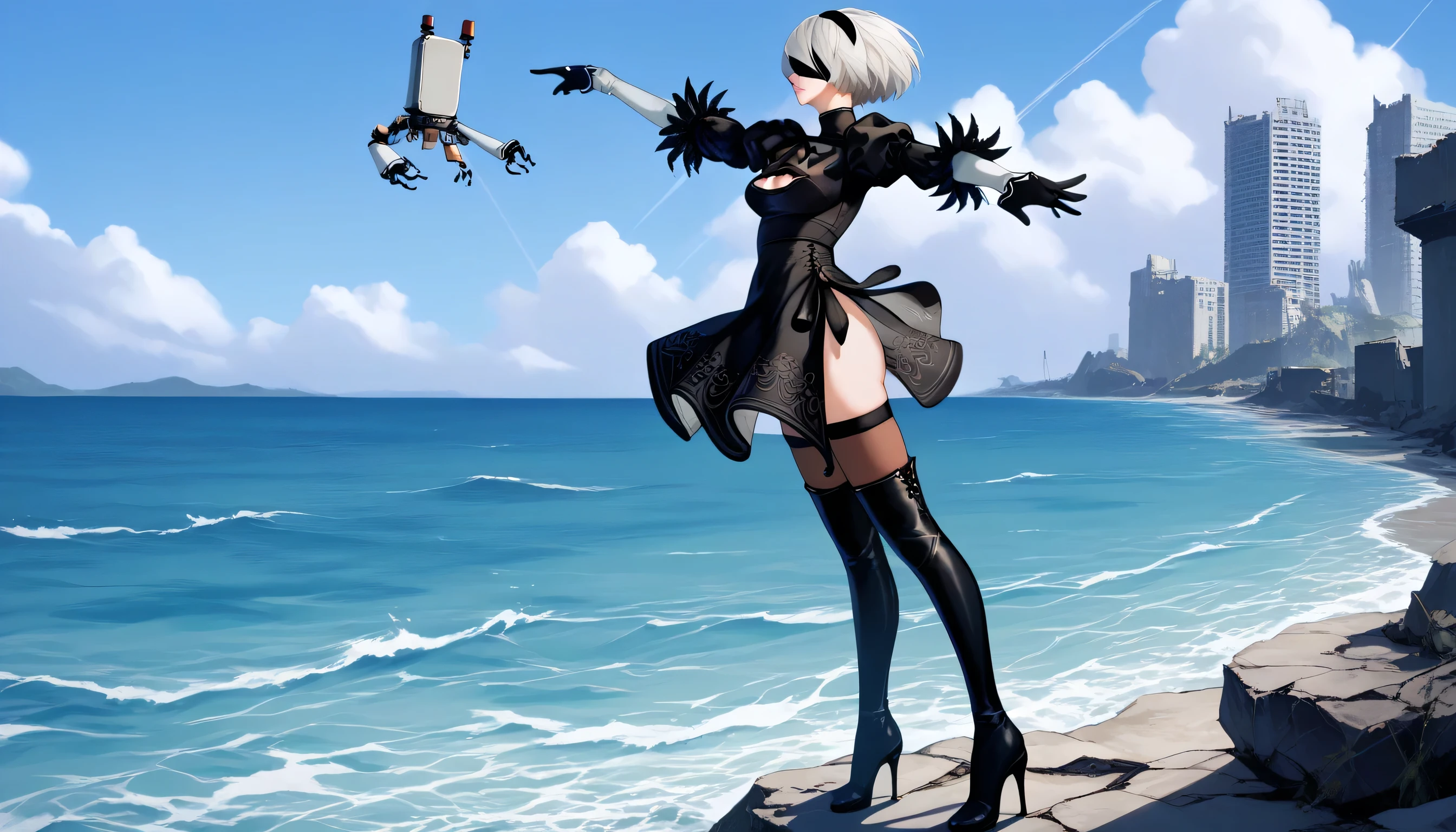view from side, nier2Bde, blindfold, black blindfold, hairband, white hair, short hair, medium breasts, clothing cutout, cleavage cutout, black dress, puffy sleeves, feather-trimmed sleeves, black gloves, leotard, skirt, black thigh highs, thigh boots, black high heels, standing on the shore of the ocean by the ruins of a sunken city, stretching out her arm commanding Pod 042 into the water, (Pod 042 flying through the air towards the water), grey day, cloudy, atmospheric, desaturated colors, gloomy