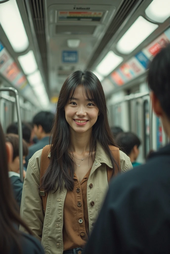"In the midst of a bustling subway, a 20-year-old Korean girl stands with a cute and endearing expression on her face. As the metro races along the tracks, she finds herself unexpectedly befriending a quirky stranger seated nearby. Their chance encounter sparks an enchanting conversation that leads to an unforgettable midjourney. Through shared stories and laughter, they discover an unexpected connection, transcending language barriers and cultural differences. As the train approaches their destination, they part ways, but the memory of this heartwarming encounter lingers, leaving both of them forever changed by the magic of fleeting connections in the busy city."