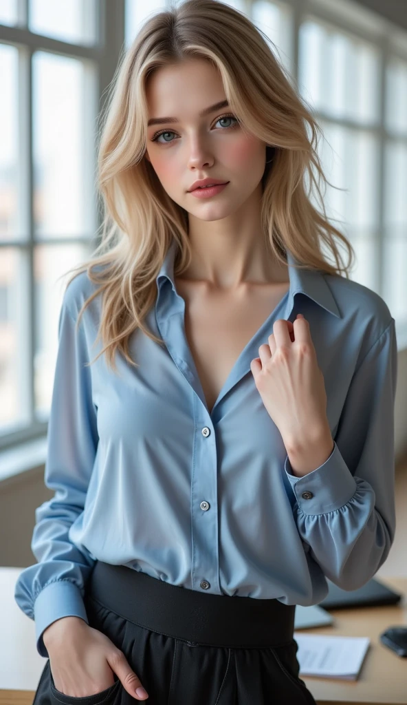 a beautiful blonde woman taking a selfie, (wearing a shirt),  (best quality,4k,8k,highres,masterpiece:1.2),ultra-detailed,(realistic,photorealistic,photo-realistic:1.37),HDR,UHD,studio lighting,vivid colors,portrait