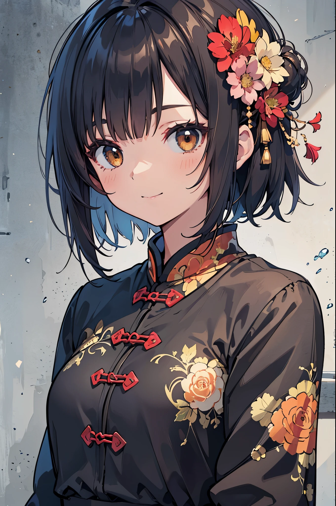 one girl、solo、 dark brown eyes 、shiny dark blue hair、bob hair、 orange hair ornament 、Smiling、Wallpaper、Highly detailed、(((Highly detailed目と顔)))、​​Best Quality、Realistic Portrait、Complex clothing、Highly detailed、dynamic angle、The Most Beautiful Shape of Chaos、Elegant、Brutalist Design、bright color、 Romantic Chinese Flowers 