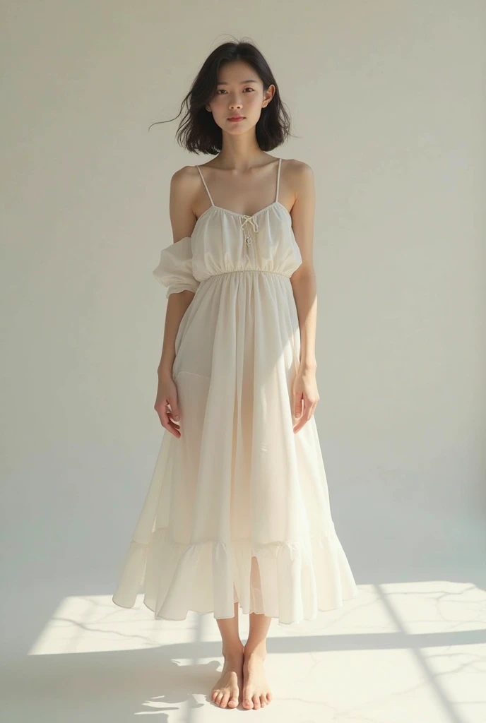 *A woman was wearing white short dress with white chunky medium heels, a pearl necklace and earings no face*