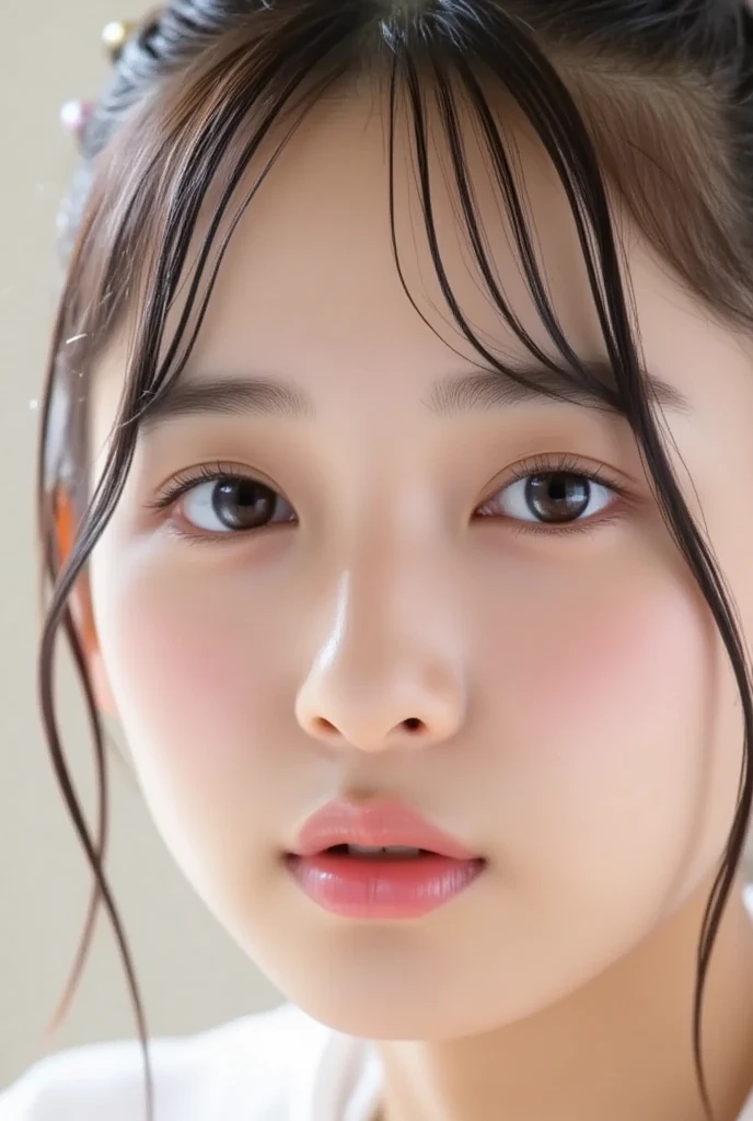 Best Quality, Masterpiece, ultra high resolution, (photorealistic:1.4), photo and gross, 1 girl, exterior, close up, looking at the viewer, black dress, sleeveless, wide, sullyoon and ethereal gray eyes and plump lips albino big lips white hair