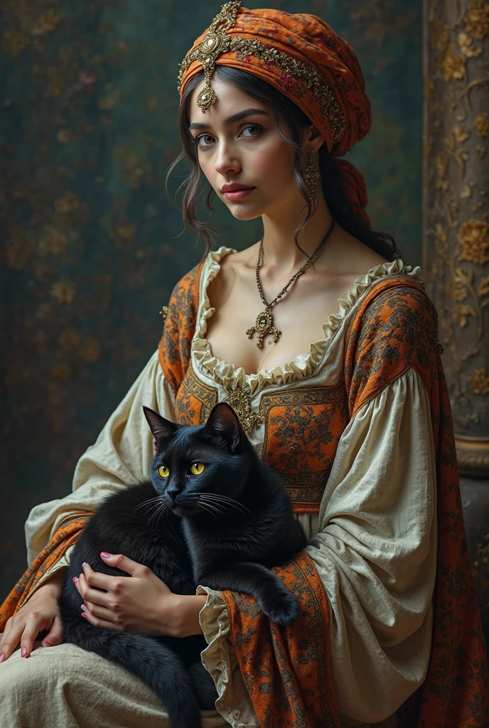 (extremely detailed CG unity 8k wallpaper), tiktok photo of the most beautiful artwork in the world, medieval witch and her cat, black-grey robes, (small hat), shiny eyes, pearl skin, intricate detail, lace, medieval architecture, professional majestic oil painting, Intricate material, coarse, High Detail, patterns, runes, (runic face tattoos), carvings, (slim:1.5), (thin), glowing mystical, Sharp focus, dramatic, photorealistic painting art, hands on hips, ( spiky hair ), spells, red-yellow-white colors, (freckles:0.94), angry pose, (scar:0.9), (pores:1.2), (amateur:1.3), posing with a cat on a table