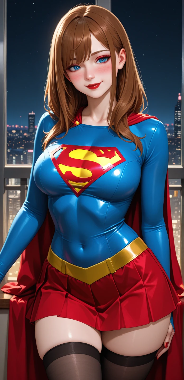 Emili, a stunning and seductive beautiful woman, full body, Her face expertly sculpted, with elegant and refined features and perfect shading and realistic skin texture, bright aura, shining eyes, realistically highlighted features long red hair 8k, super detail, ccurate, best quality, UHD, masterpiece, high details, high quality, best quality, highres. She wears tight-fitting clothes made from (LEATHER), (BODYSUIT), (SUPERGIRL), (30_YEAR_OLD), (OLD WOMAN), (Thick thighs:1.3), (huge breasts:1.3), (chubby:1.2), (MILF:1.5)