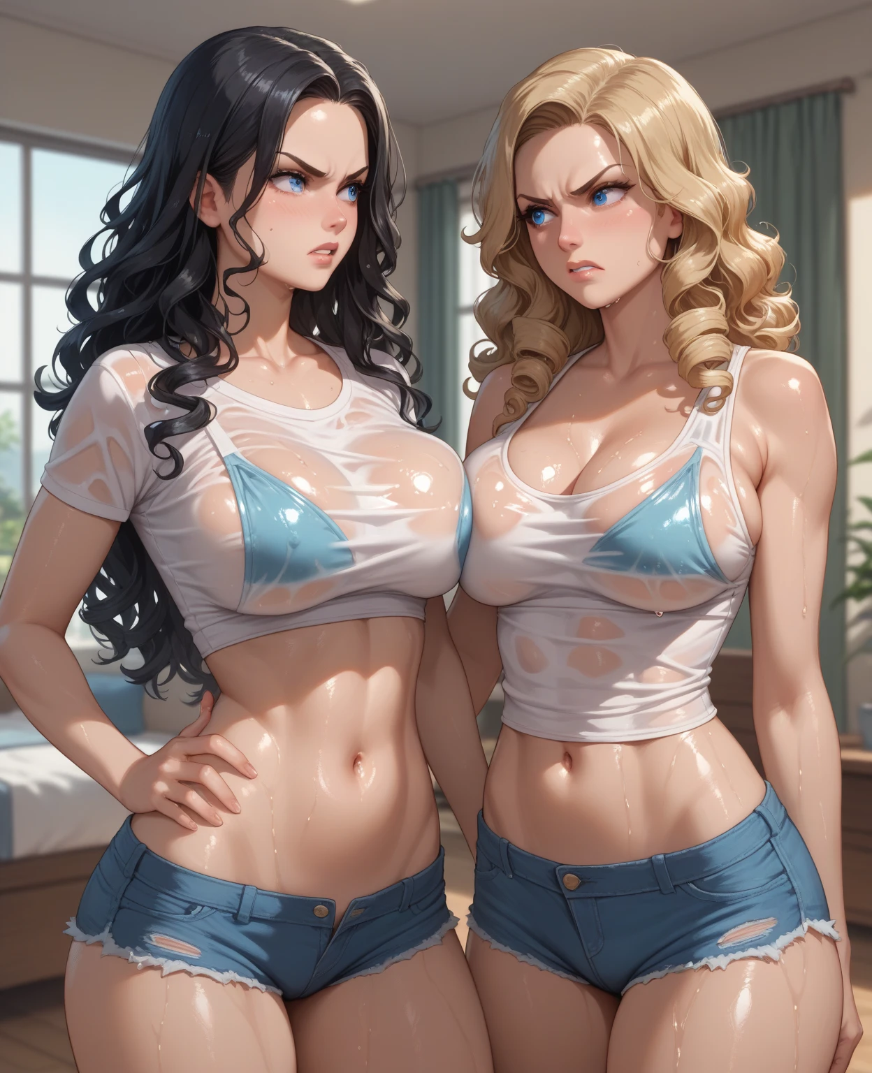(masterpiece:1.2), (best quality:1.2), perfect eyes, perfect face, perfect lighting, 1girl, mature female, long hair, bored, pompadour cut, muscular, toned, navel, abs, sweat, thick thighs, broad shoulders, arm muscles, leg muscles, slutty bikini, at the gym, thick eyelashes, makeup