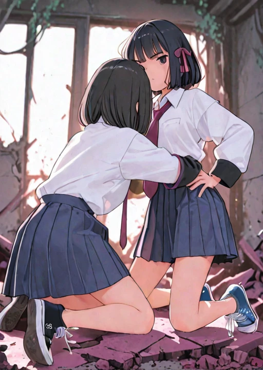 Highest quality、masterpiece、(Highly detailed face)、Black hair ponytail、Huge breasts,((1 slender girl:1.6)),(A girl wearing a high school uniform:1.5)、(A handsome boy wearing a white shirt:1.5),(doggystyle:1.3),((((1 boy and 1girl are having sex:1.5))))、((Very large breasts:1.4)),(blush:1.2),((Painful face:1.4)),(Sweat:1.3),(Nervous:1.3),((Classroom sex:1.5)),(Heart symbol:1.2)