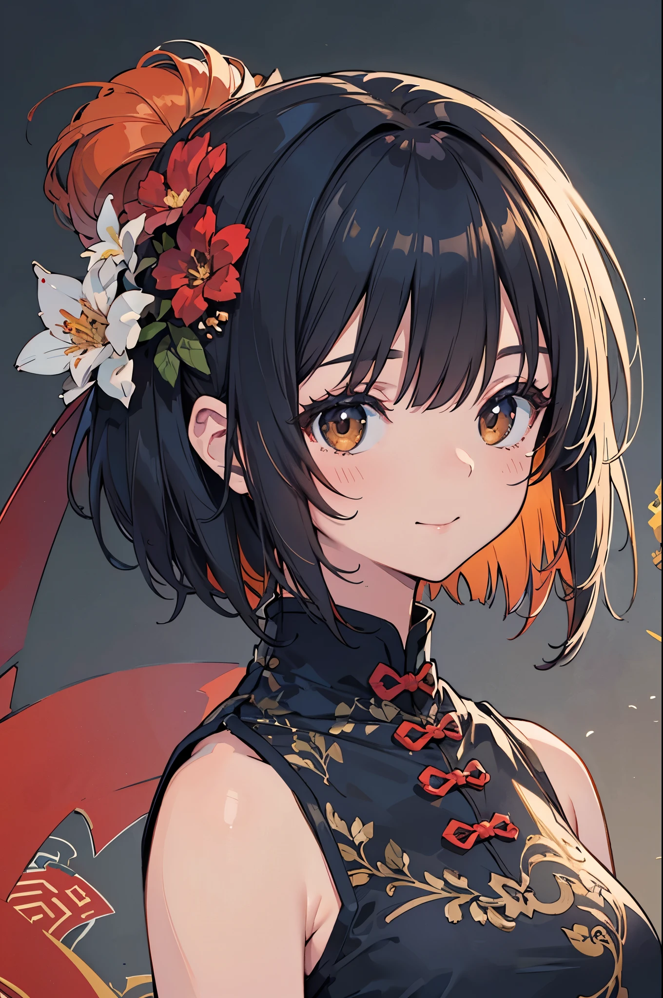 one girl、solo、 dark brown eyes 、shiny dark blue hair、bob hair、 orange hair ornament 、Smiling、Wallpaper、Highly detailed、(((Highly detailed目と顔)))、Best Quality、Realistic Portrait、Complex clothing、Highly detailed、dynamic angle、The Most Beautiful Shape of Chaos、Elegant、Brutalist Design、bright color、 Romantic Chinese Flowers