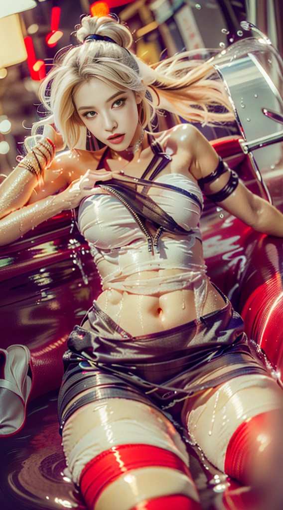 beautiful girl, curly blonde hair, shirt with open buttons, tiny panties, arms and legs wrapped in alien tentacles, in an alien spaceship