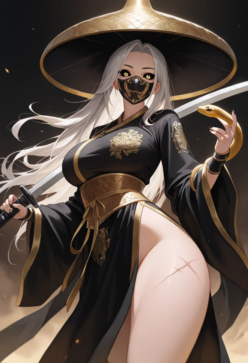 No shoes,Black pantyhose,(gigantic cleavage breasts:1.5) solo person, Solo,heeled sandals,japanese samurai armor,Blonde curls,Full body like,katana swords,grin face