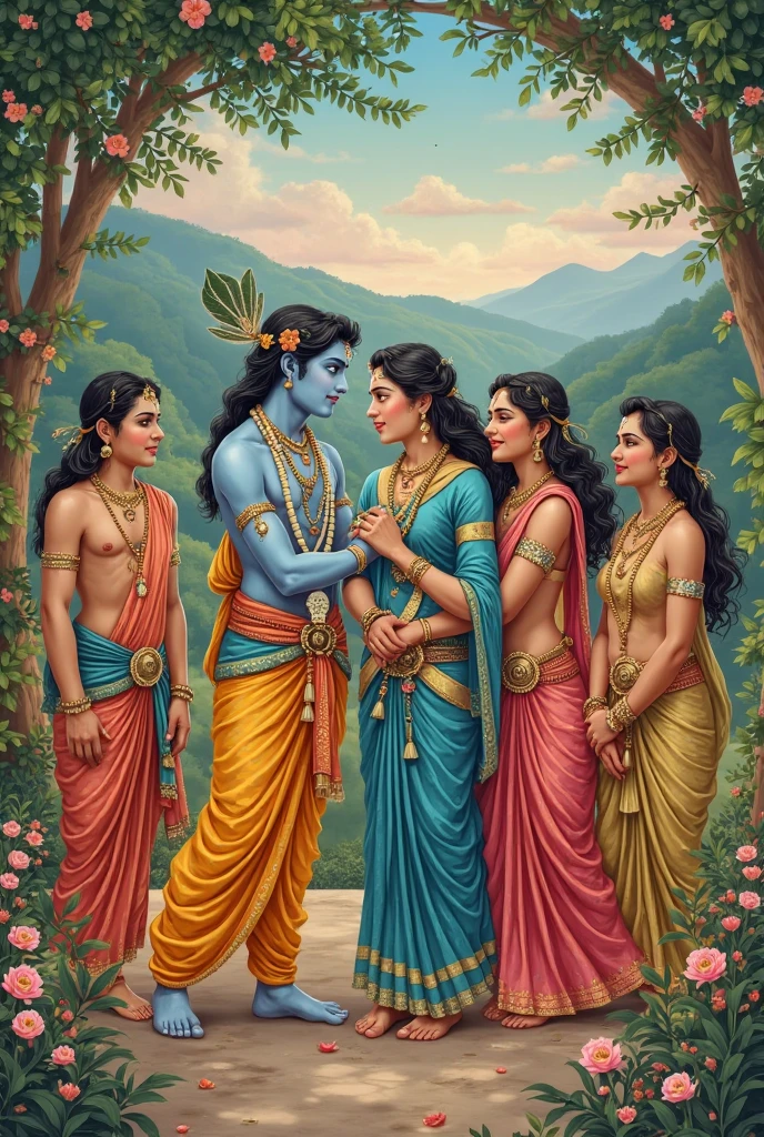 Lord krishna is standing with indian flag अस well as a woman devotee who is wearing t shirt on which Reetu name is written with her very cute who is also wearing t shirt on which Aadya name is written