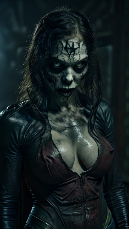 A creepy, dark, terrifying place, with bats, a bat woman, with a face and mouth full of blood appears on camera, horror film, strong scenes, dead people, spirits, death, 8k, dark cave, lots of flying bats, mouth full of blood, bat woman, entire upper part of the body showing tight clothes, lots of blood, horrible, terrifying scenes