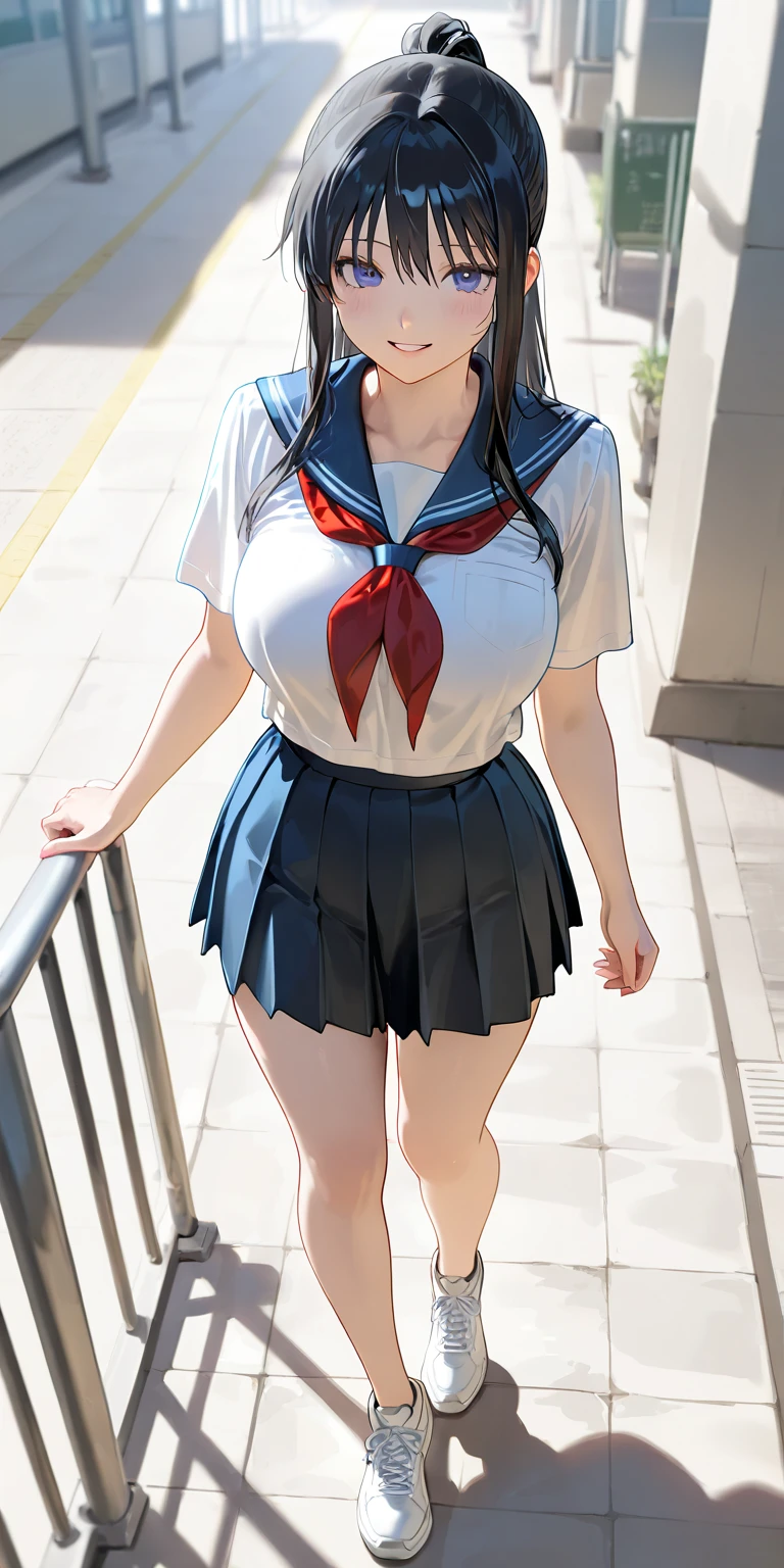 highest quality、High resolution、detailed background、beautiful and detailed face、beautiful and smooth skin、skin texture、professional lighting、Beautiful teenage girl、(huge breasts:1.2)、cute sailor suit or uniform、cute white sailor collar、Pleated mini skirt with tartan plaid pattern、cute hairstyle、ニーhigh socks、high socks、petticoat、loafers、cute panties、No bra、sleeveless、climb the school stairs、backwards、emphasize the buttocks、
Skirt underneath, Skirt underneath (close-up underwear from below), from below, Are standing, butt focus,With cold eyes、with a troubled face、sexual expression、underboob、panty shot