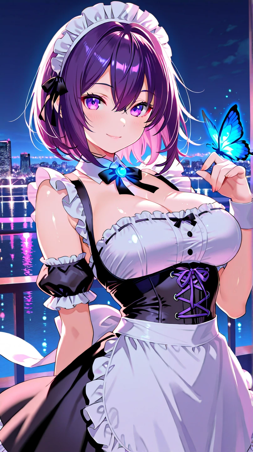 Masterpiece, Beautiful art, professional artist, 8k, Very detailed face, Detailed clothing, detailed fabric, 1 girl, Soul Fullness \(Honkai Impact 3rd\), front view, standing, perfectly drawn body, big breasts, shy expression, pale skin, beautiful face, short dark blue hair, 4k eyes, very detailed eyes, pink cheeks, choker:1.6, (white long sleeve button down shirt with white collar), black gloves, gloves that cover hands, (black leather corset), (shiny black tight mini skirt), Sensual Lips , winter night, show details in the eyes, looking at the viewer, elegant city, at night